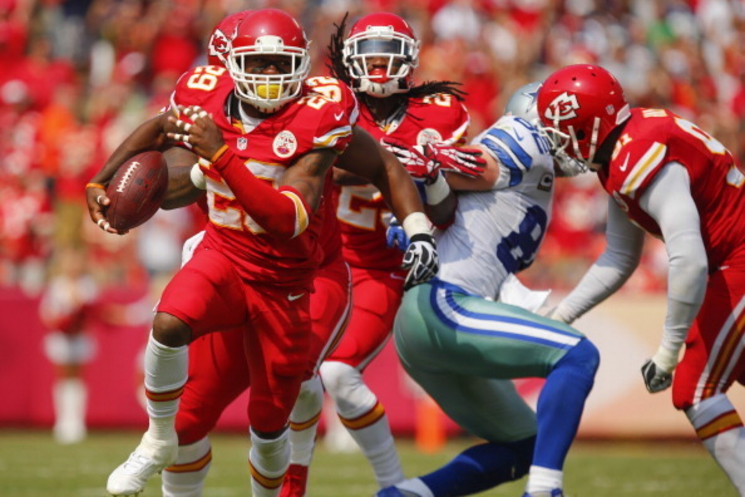 KANSAS CITY, MO - SEPTEMBER 15:  Eric Berry #29 of the Kansas City Chiefs runs down the field after picking up a fumble against the Dallas Cowboys in the third quarter on September 15, 2013 at Arrowhead Stadium in Kansas City, Missouri. (Photo by Kyle Riv