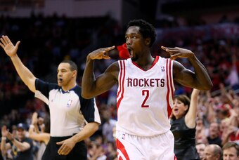 Apr 12, 2014; Houston, TX, USA; Houston Rockets guard Patrick Beverley (2) reacts after a shot during the second half against the New Orleans Pelicans at Toyota Center. The Rockets won 111-104. Mandatory Credit: Soobum Im-USA TODAY Sports