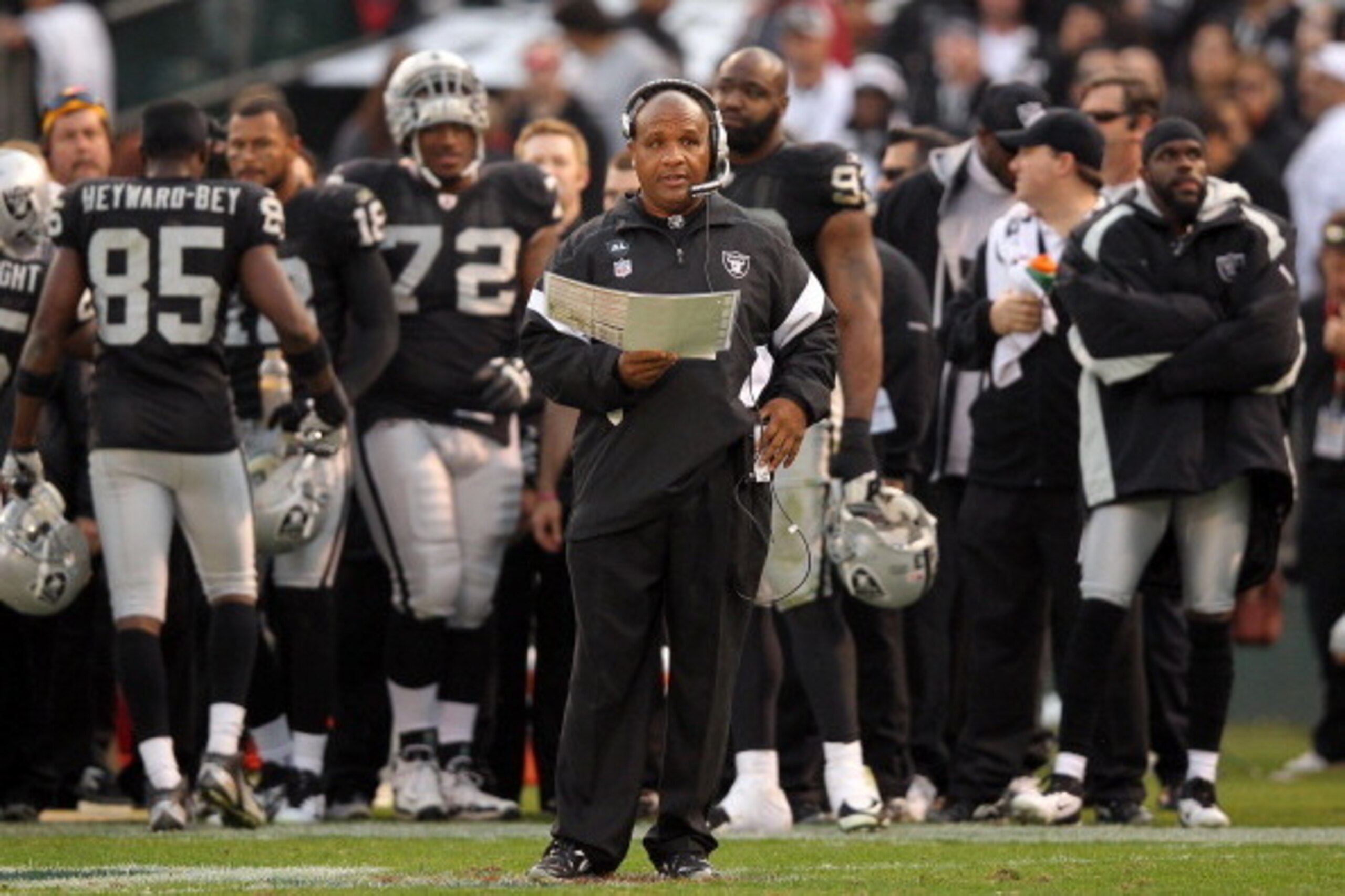 OAKLAND, CA - NOVEMBER 27:  Oakland Raiders head coach Hue Jackson stands on the sidelines during their game against the Chicago Bears at O.co Coliseum on November 27, 2011 in Oakland, California.  (Photo by Ezra Shaw/Getty Images)