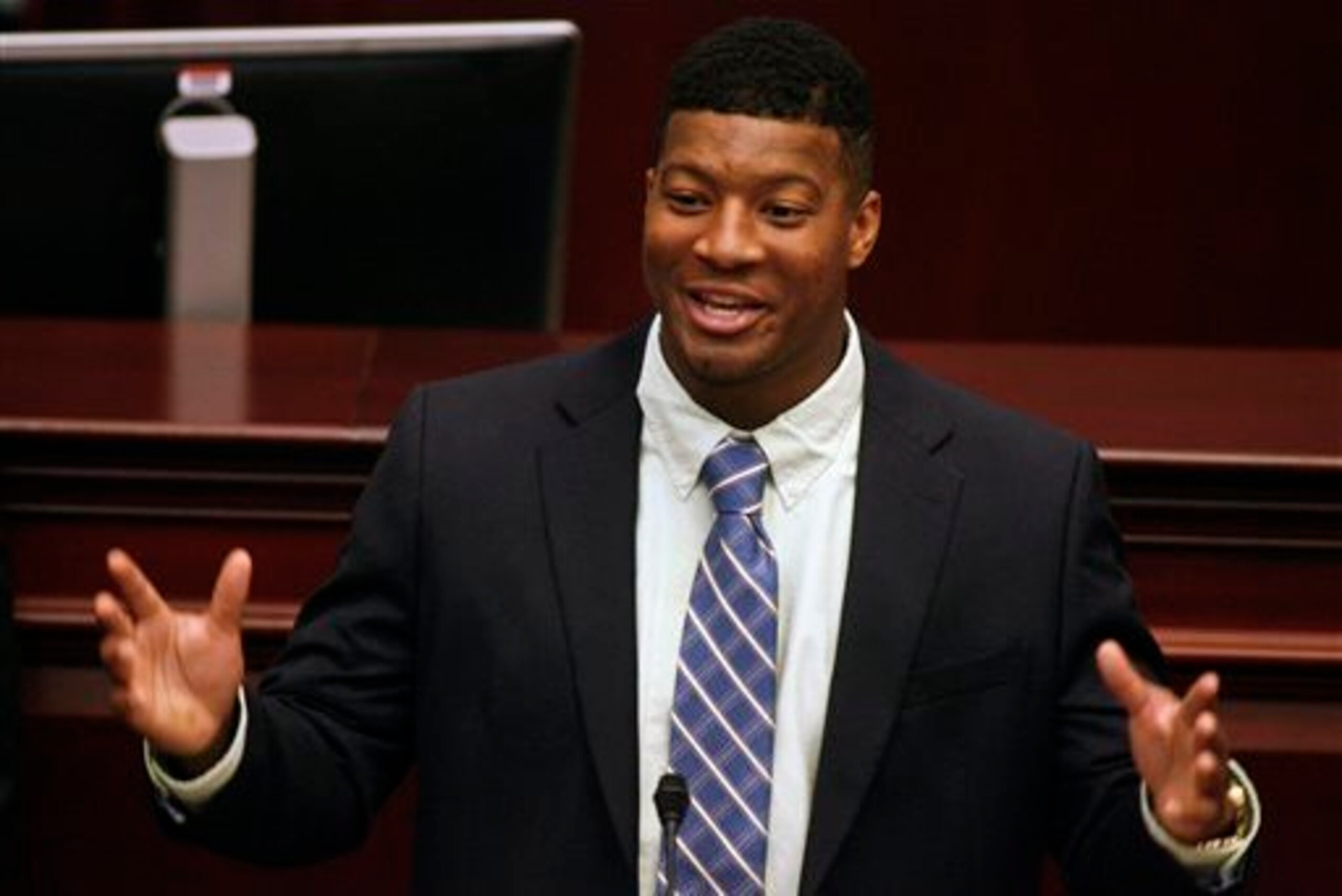 Jameis Winston speaks before the Capitol on Florida State Day in April 2014.