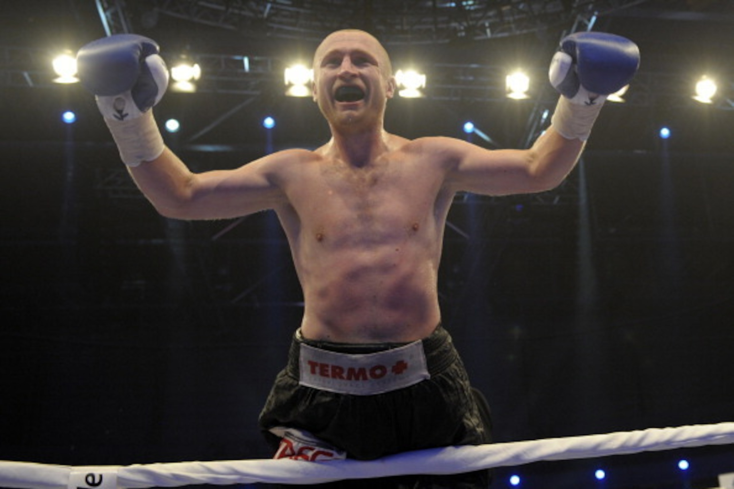 DRESDEN, GERMANY - JULY 13:  Lukas Konecny from Czech Republic celebrates after the WBO Middleweight European Championship fight between Lukas Konecny and Moez Fhima at EnergieVerbund Arena on July 13, 2013 in Dresden, Germany.  (Photo by Jens Schlueter/G