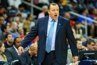Apr 2, 2014; Atlanta, GA, USA; Chicago Bulls head coach Tom Thibodeau reacts to a play in the first half against the Atlanta Hawks at Philips Arena. Mandatory Credit: Daniel Shirey-USA TODAY Sports