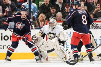 COLUMBUS, OH - MARCH 28:  Goaltender Marc-Andre Fleury #29 of the Pittsburgh Penguins defends the net against the Columbus Blue Jackets on March 28, 2014 at Nationwide Arena in Columbus, Ohio.  (Photo by Jamie Sabau/NHLI via Getty Images)