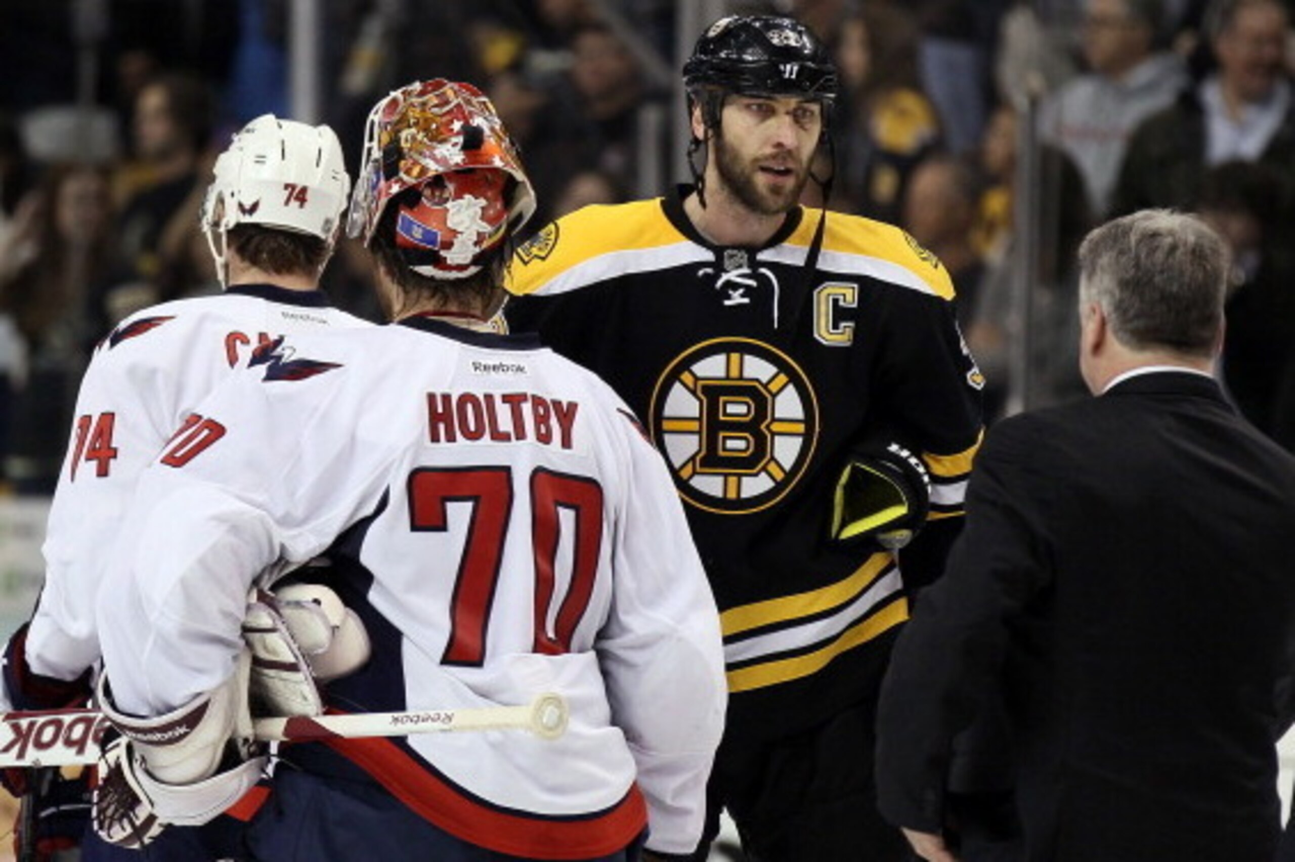 BOSTON, MA - APRIL 25: Zdeno Chara #33 of the Boston Bruins shakes hands with Braden Holtby #70 of the Washington Capitals after Game Seven of the Eastern Conference Quarterfinals during the 2012 NHL Stanley Cup Playoffs at TD Garden on April 25, 2012 in BOSTON, MA - APRIL 25: Zdeno Chara #33 of the Boston Bruins shakes hands with Braden Holtby #70 of the Washington Capitals after Game Seven of the Eastern Conference Quarterfinals during the 2012 NHL Stanley Cup Playoffs at TD Garden on April 25, 2012 in