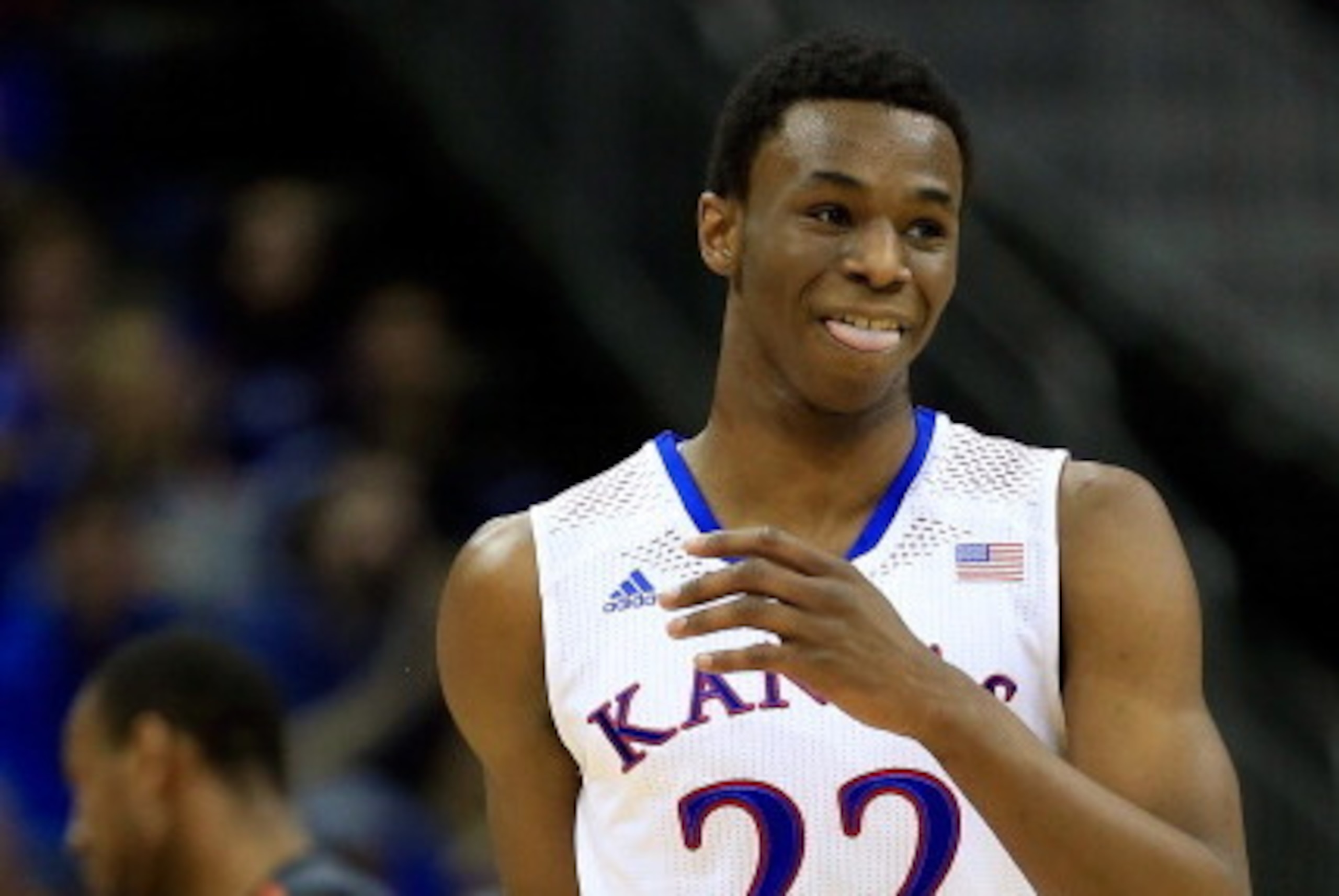 KANSAS CITY, MO - MARCH 13:  Andrew Wiggins #22 of the Kansas Jayhawks reacts after making a three-pointer during the Big 12 Basketball Tournament quarterfinal game against the Oklahoma State Cowboys at Sprint Center on March 13, 2014 in Kansas City, Miss