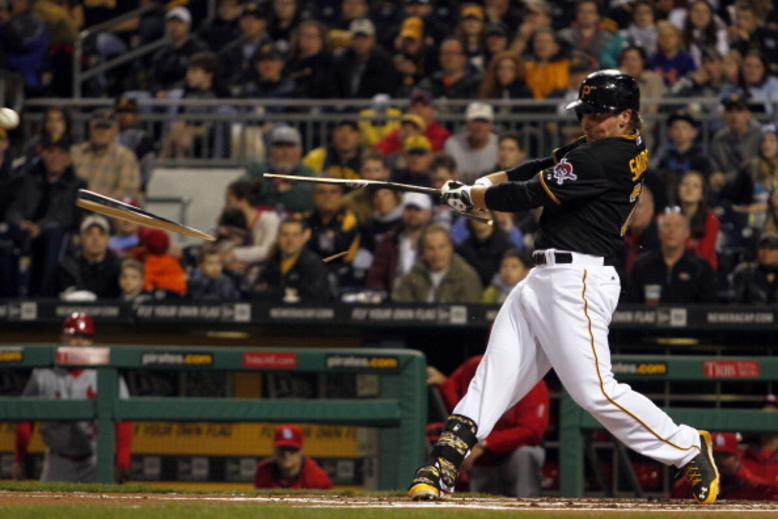 PITTSBURGH, PA - APRIL 04:  Travis Snider #23 of the Pittsburgh Pirates breaks his bat in the first inning against the St. Louis Cardinals during the game at PNC Park April 4, 2014 in Pittsburgh, Pennsylvania.  (Photo by Justin K. Aller/Getty Images)