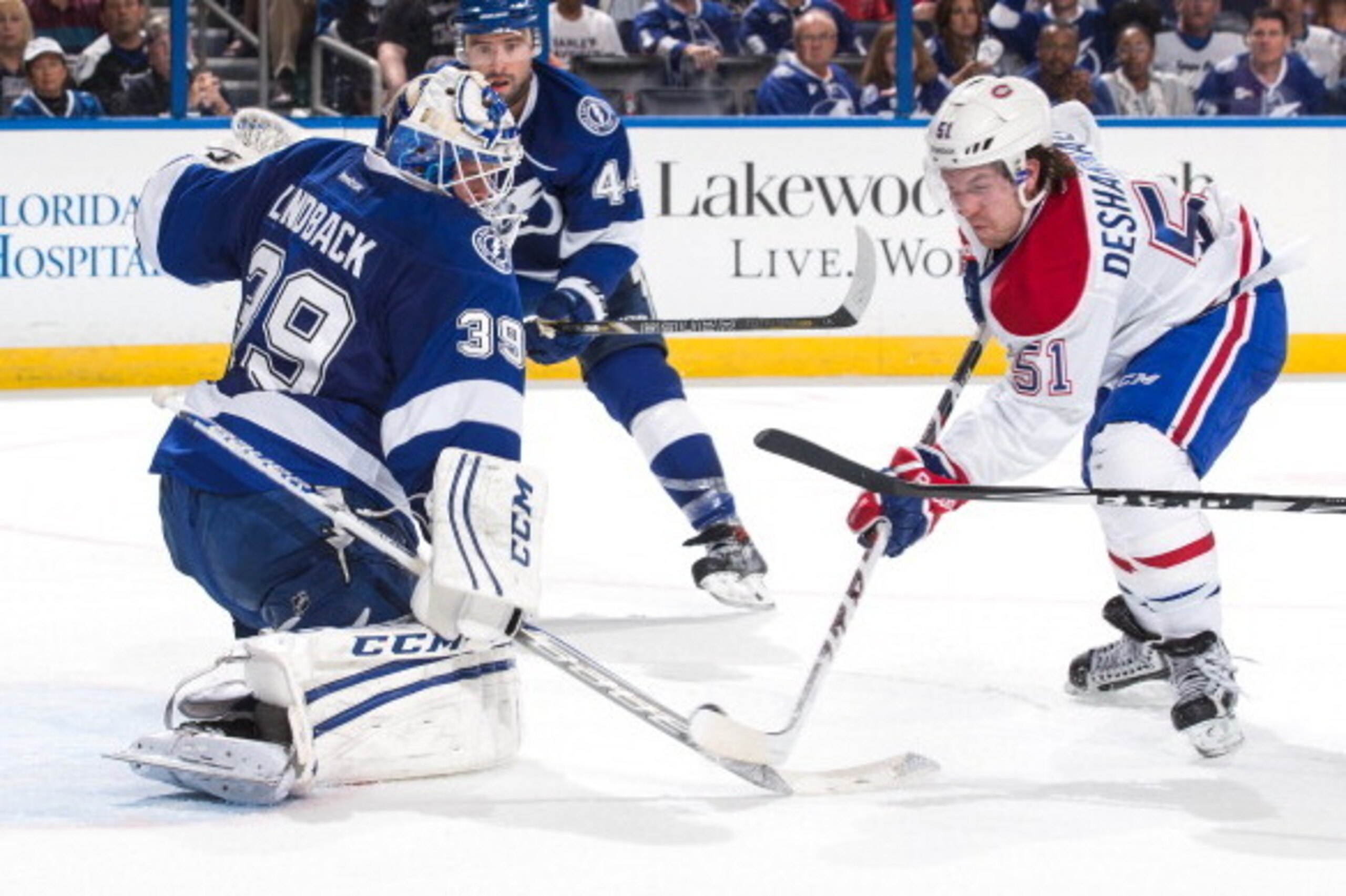 TAMPA, FL - APRIL 16: David Desharnais #51 of the Montreal Canadiens shoots the puck against goalie Anders Lindback #39 of the Tampa Bay Lightning during the second period in Game One of the First Round of the 2014 Stanley Cup Playoffs at the Tampa Bay Ti