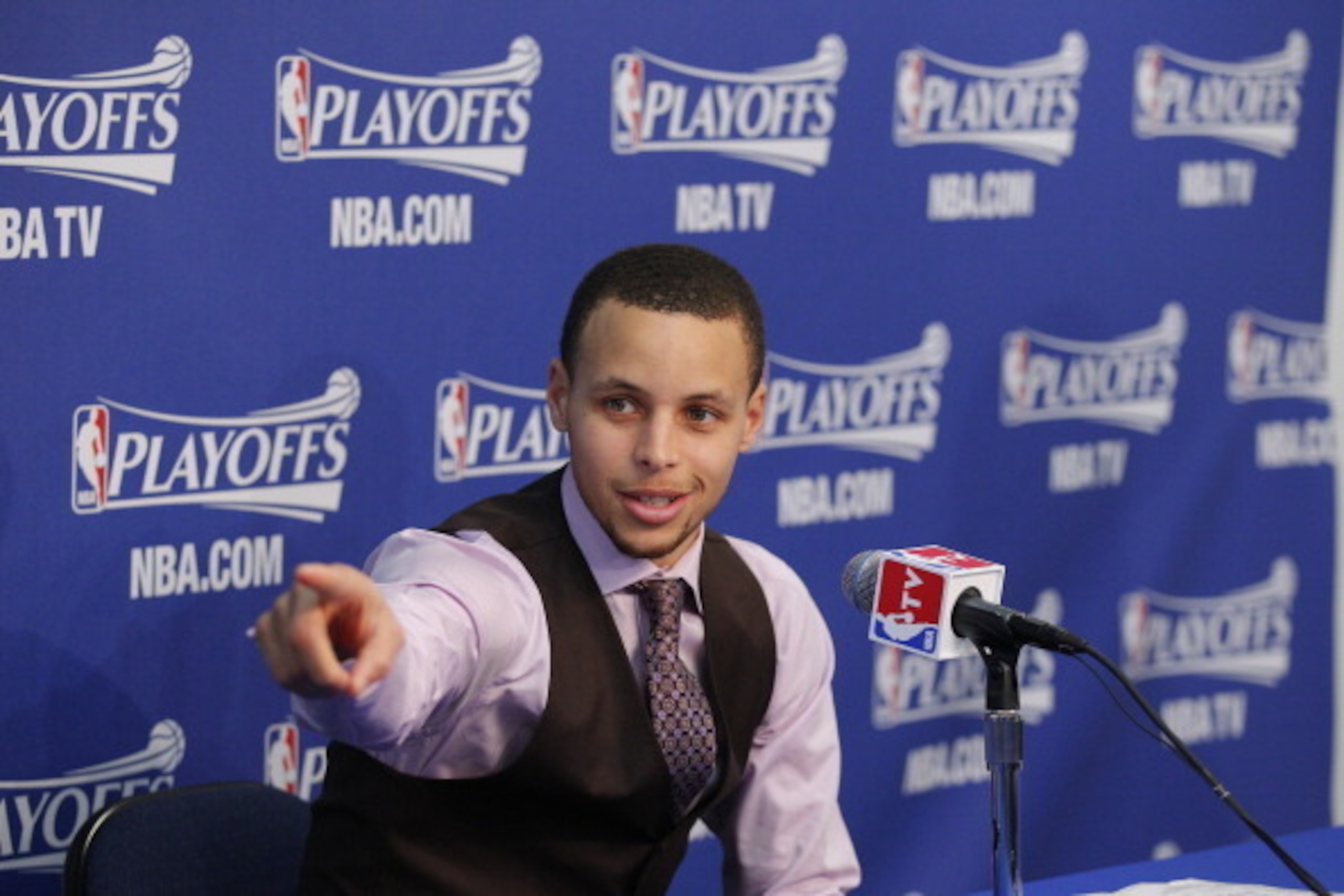 OAKLAND, CA - APRIL 26: Stephen Curry #30 of the Golden State Warriors speaks to the press after defeating the Denver Nuggets in Game Three of the Western Conference Quarterfinals during the 2013 NBA Playoffs on April 26, 2013 at Oracle Arena in Oakland, 