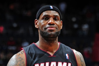 ATLANTA, GA - APRIL 12:  LeBron James #6 of the Miami Heat during a game against the Atlanta Hawks on April 12, 2014 at Philips Arena in Atlanta, Georgia.  NOTE TO USER: User expressly acknowledges and agrees that, by downloading and/or using this Photogr