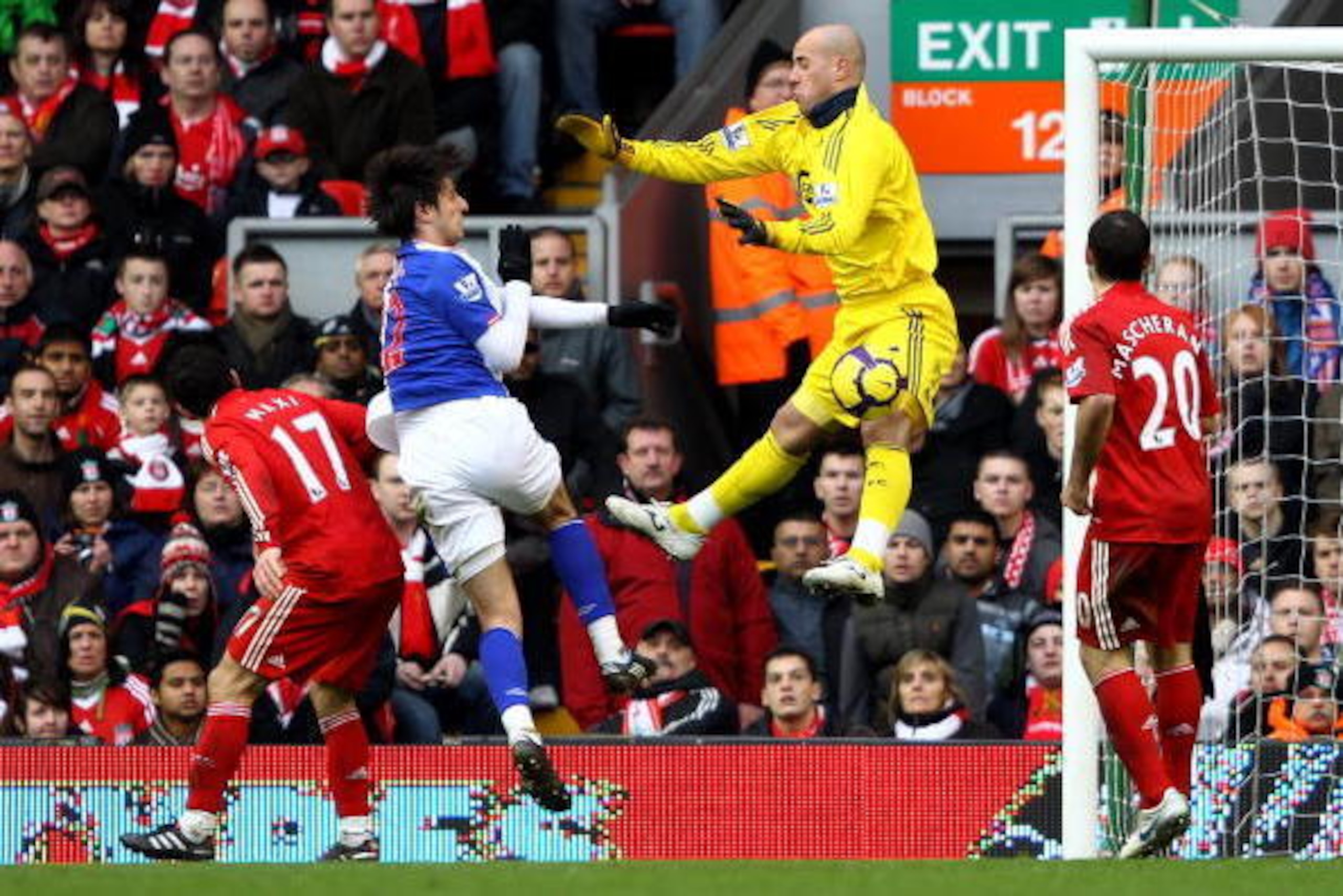 LIVERPOOL, ENGLAND - FEBRUARY 28:  Pepe Reina of Liverpool blocks the shot of Nikola Kalinic of Blackburn Rovers during the Barclays Premier League match between Liverpool and Blackburn Rovers at Anfield on February 28, 2010 in Liverpool, England.  (Photo