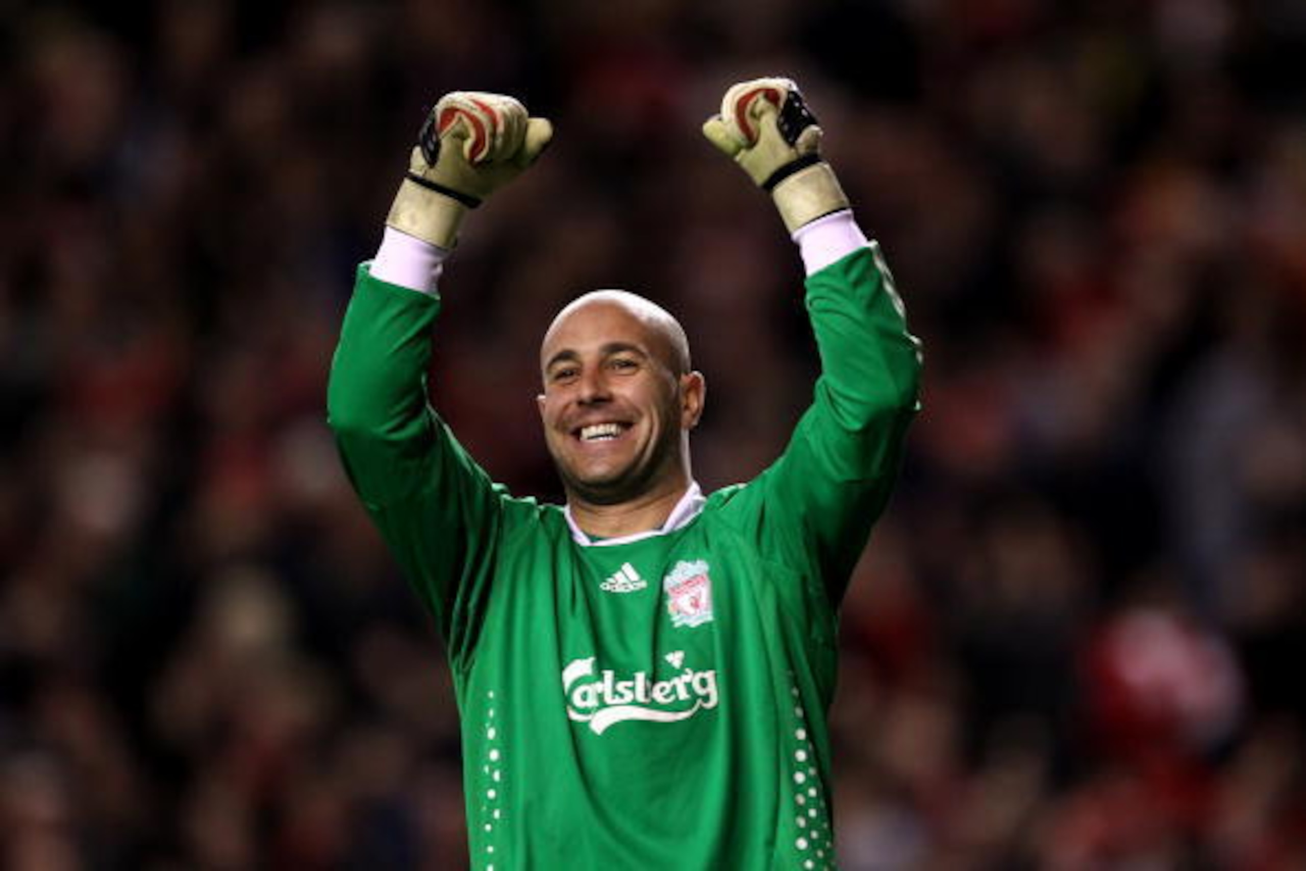 LIVERPOOL, ENGLAND - MARCH 18:  Pepe Reina of Liverpool celebrates at the end of the UEFA Europa League Round of 16, second leg match at Anfield on March 18, 2010 in Liverpool, England.  (Photo by Alex Livesey/Getty Images)