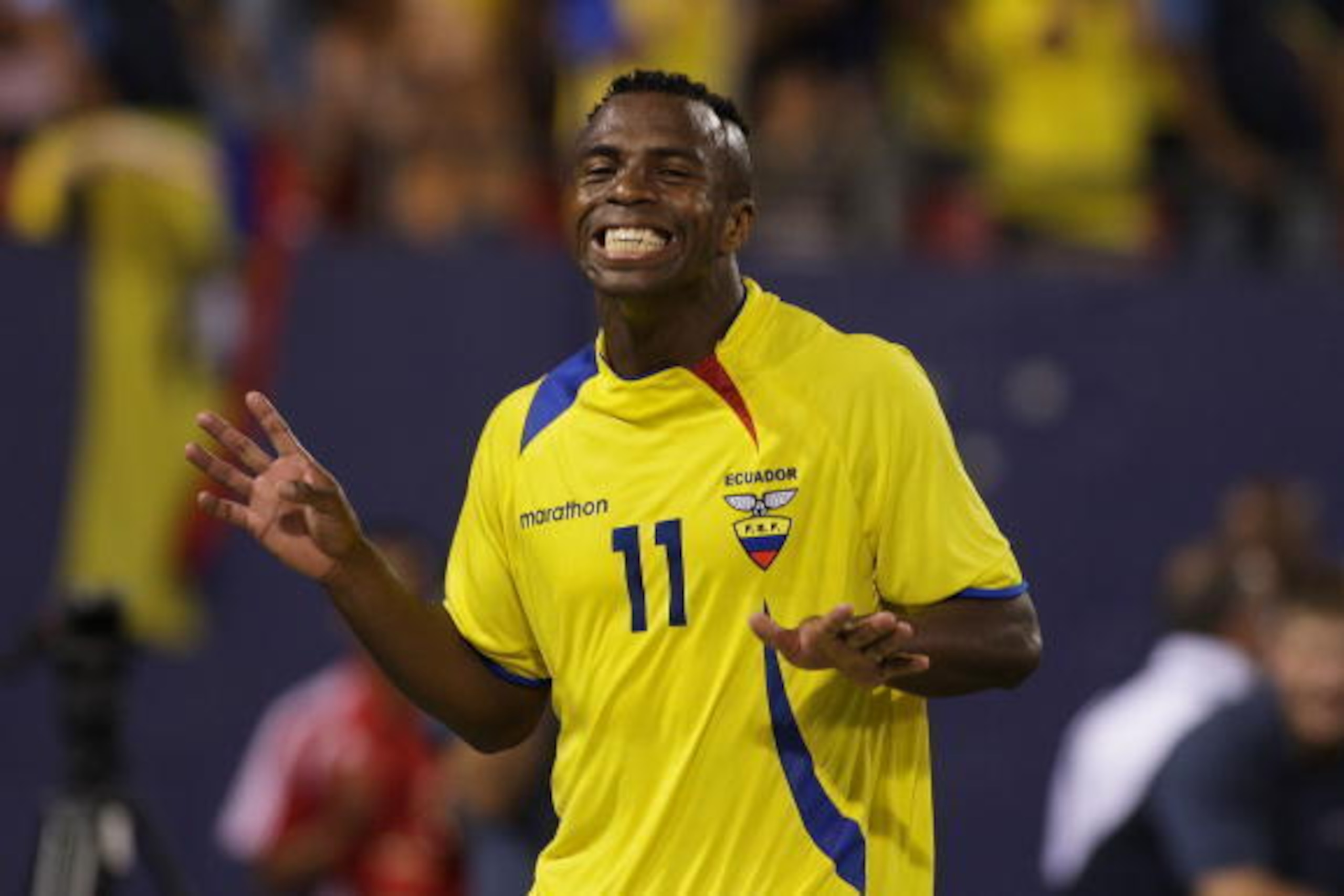 EAST RUTHERFORD, NJ - AUGUST 20:  Christian Benitez #11 of Ecuador reacts after scoring a goal in minute 40 of the game against Colombia at Giants Stadium in the Meadowlands on August 20, 2008 in East Rutherford, New Jersey  Ecuador won 1-0 (Photo by Mike