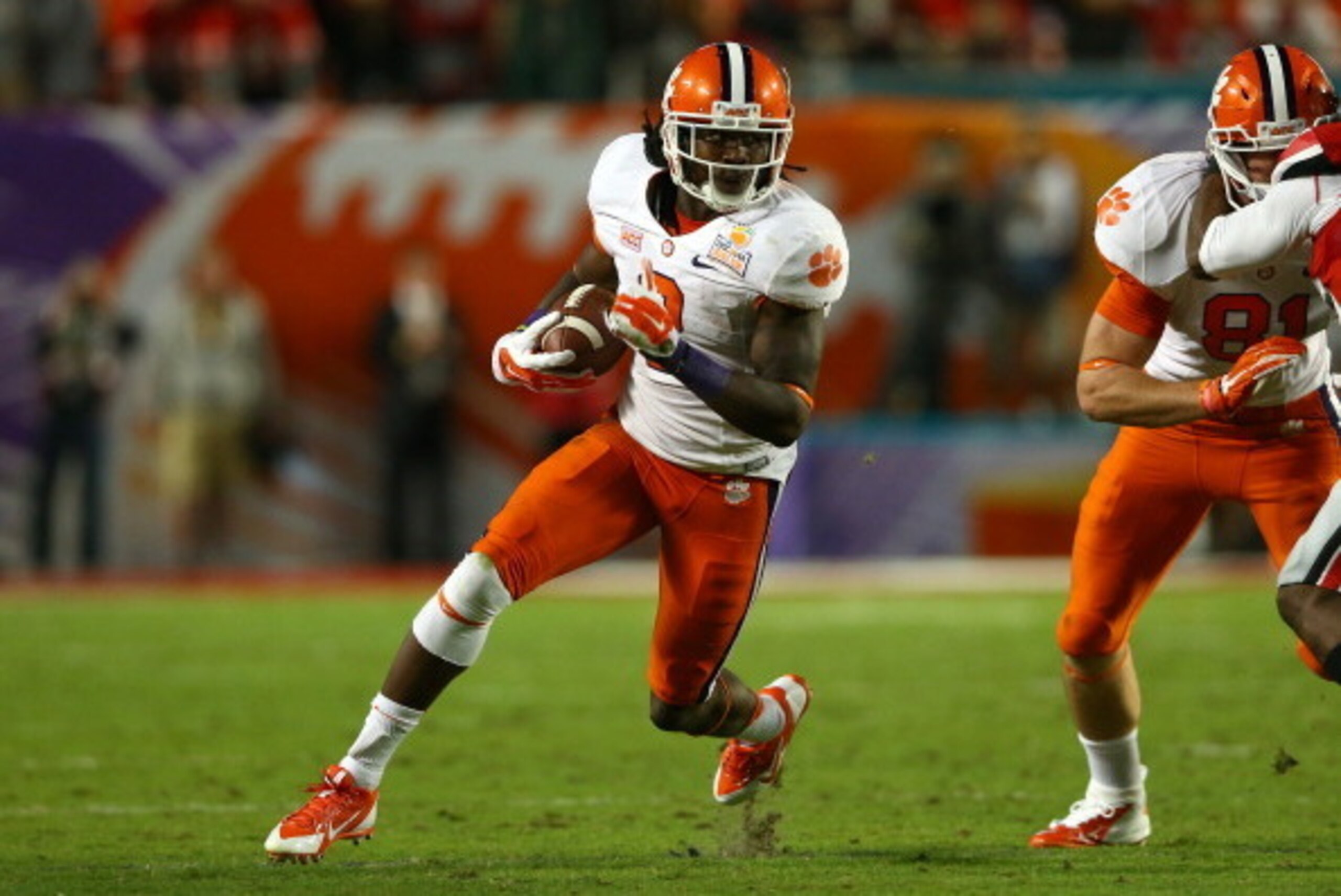 MIAMI GARDENS, FL - JANUARY 03: Sammy Watkins #2 of the Clemson Tigers runs with the ball in the first half against the Ohio State Buckeyes during the Discover Orange Bowl at Sun Life Stadium on January 3, 2014 in Miami Gardens, Florida.  (Photo by Street