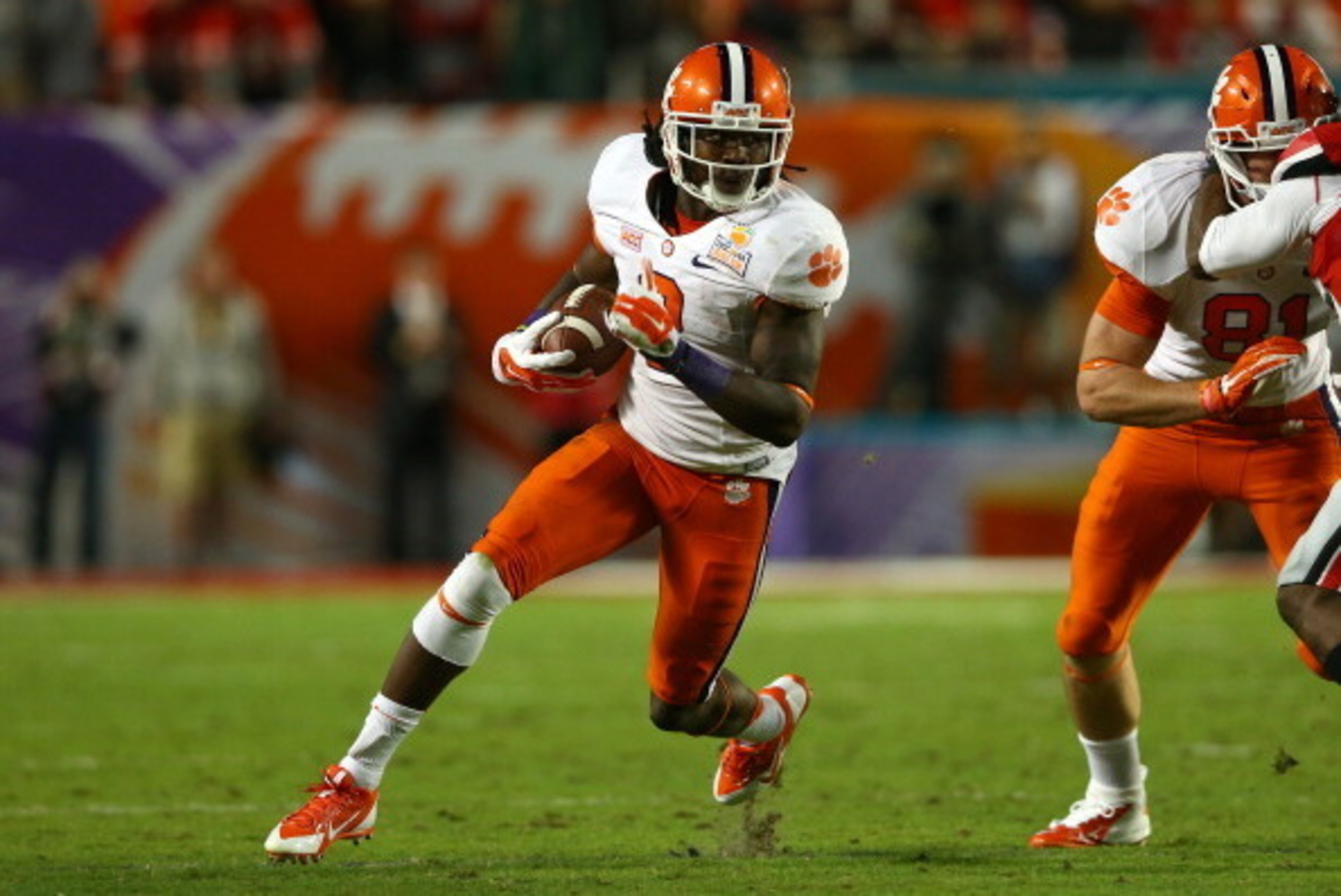 MIAMI GARDENS, FL - JANUARY 03: Sammy Watkins #2 of the Clemson Tigers runs with the ball in the first half against the Ohio State Buckeyes during the Discover Orange Bowl at Sun Life Stadium on January 3, 2014 in Miami Gardens, Florida.  (Photo by Street