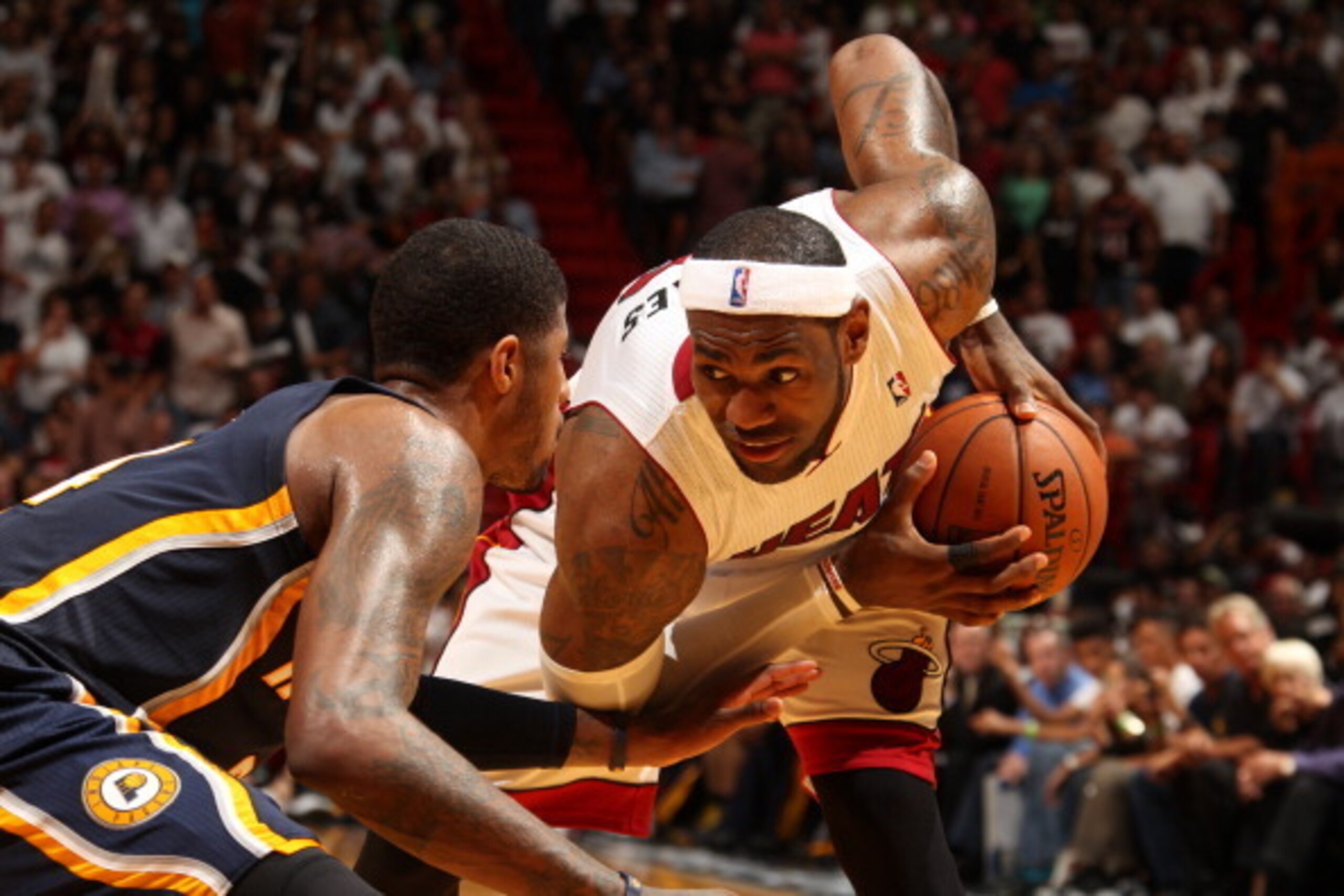 MIAMI, FL - April 11: LeBron James #6 of the Miami Heat handles the ball against the Indiana Pacers at the American Airlines Arena in Miami, Florida on April 11, 2014. NOTE TO USER: User expressly acknowledges and agrees that, by downloading and/or using 