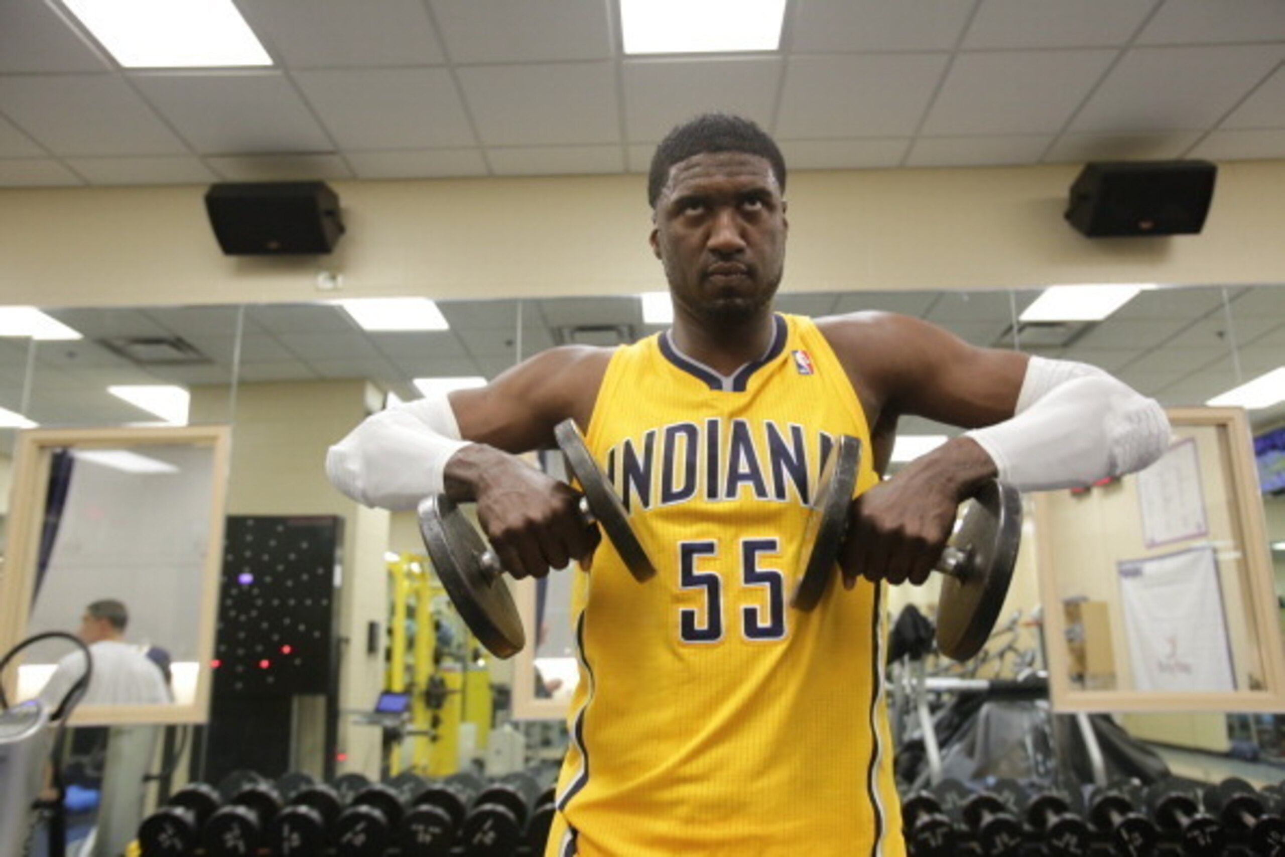 INDIANAPOLIS - MARCH 26: Roy Hibbert #55 of the Indiana Pacers works out before the game against the Miami Heat at Bankers Life Fieldhouse on March 26, 2014 in Indianapolis, Indiana.  NOTE TO USER: User expressly acknowledges and agrees that, by downloadi