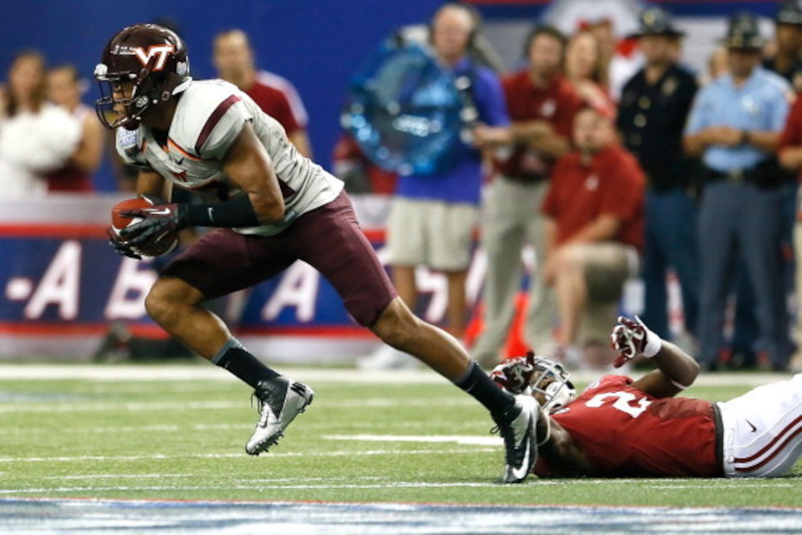 ATLANTA, GA - AUGUST 31:  Kyle Fuller #17 of the Virginia Tech Hokies intercepts a pass intended for DeAndrew White #2 of the Alabama Crimson Tide at Georgia Dome on August 31, 2013 in Atlanta, Georgia.  (Photo by Kevin C. Cox/Getty Images)