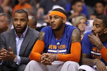 PHOENIX, AZ - MARCH 28:  Carmelo Anthony #7 of the New York Knicks during the NBA game against the Phoenix Suns at US Airways Center on March 28, 2014 in Phoenix, Arizona. The Suns defeated the Knicks 112-88. NOTE TO USER: User expressly acknowledges and 