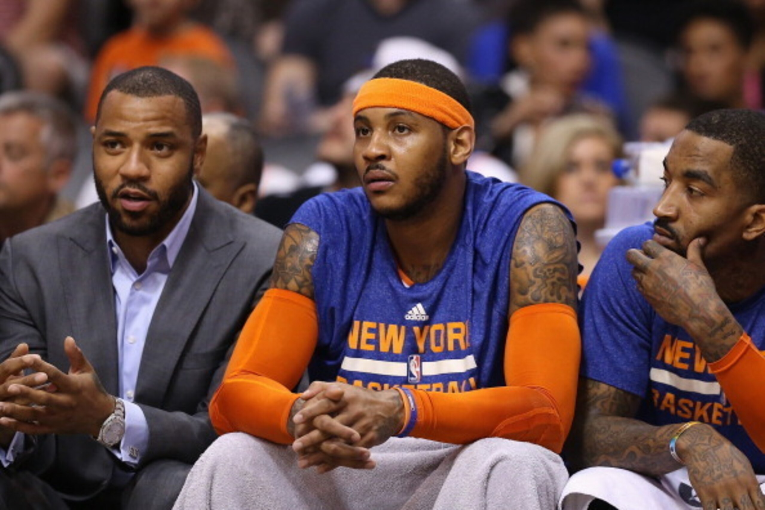 PHOENIX, AZ - MARCH 28:  Carmelo Anthony #7 of the New York Knicks during the NBA game against the Phoenix Suns at US Airways Center on March 28, 2014 in Phoenix, Arizona. The Suns defeated the Knicks 112-88. NOTE TO USER: User expressly acknowledges and 