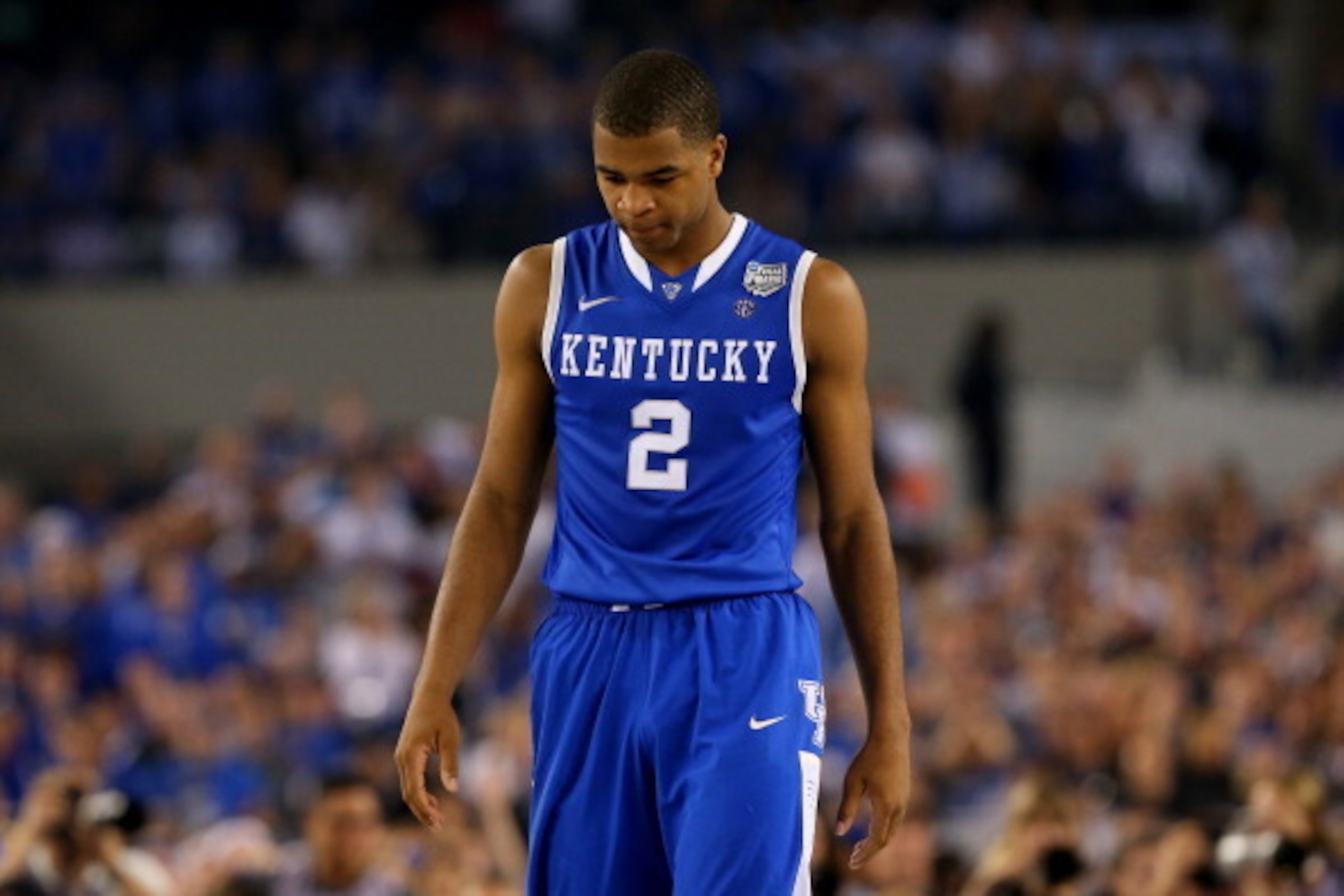 ARLINGTON, TX - APRIL 07: Aaron Harrison #2 of the Kentucky Wildcats looks on during the NCAA Men's Final Four Championship against the Connecticut Huskies at AT&T Stadium on April 7, 2014 in Arlington, Texas. (Photo by Ronald Martinez/Getty Images) ARLINGTON, TX - APRIL 07: Aaron Harrison #2 of the Kentucky Wildcats looks on during the NCAA Men's Final Four Championship against the Connecticut Huskies at AT&T Stadium on April 7, 2014 in Arlington, Texas. (Photo by Ronald Martinez/Getty Images)