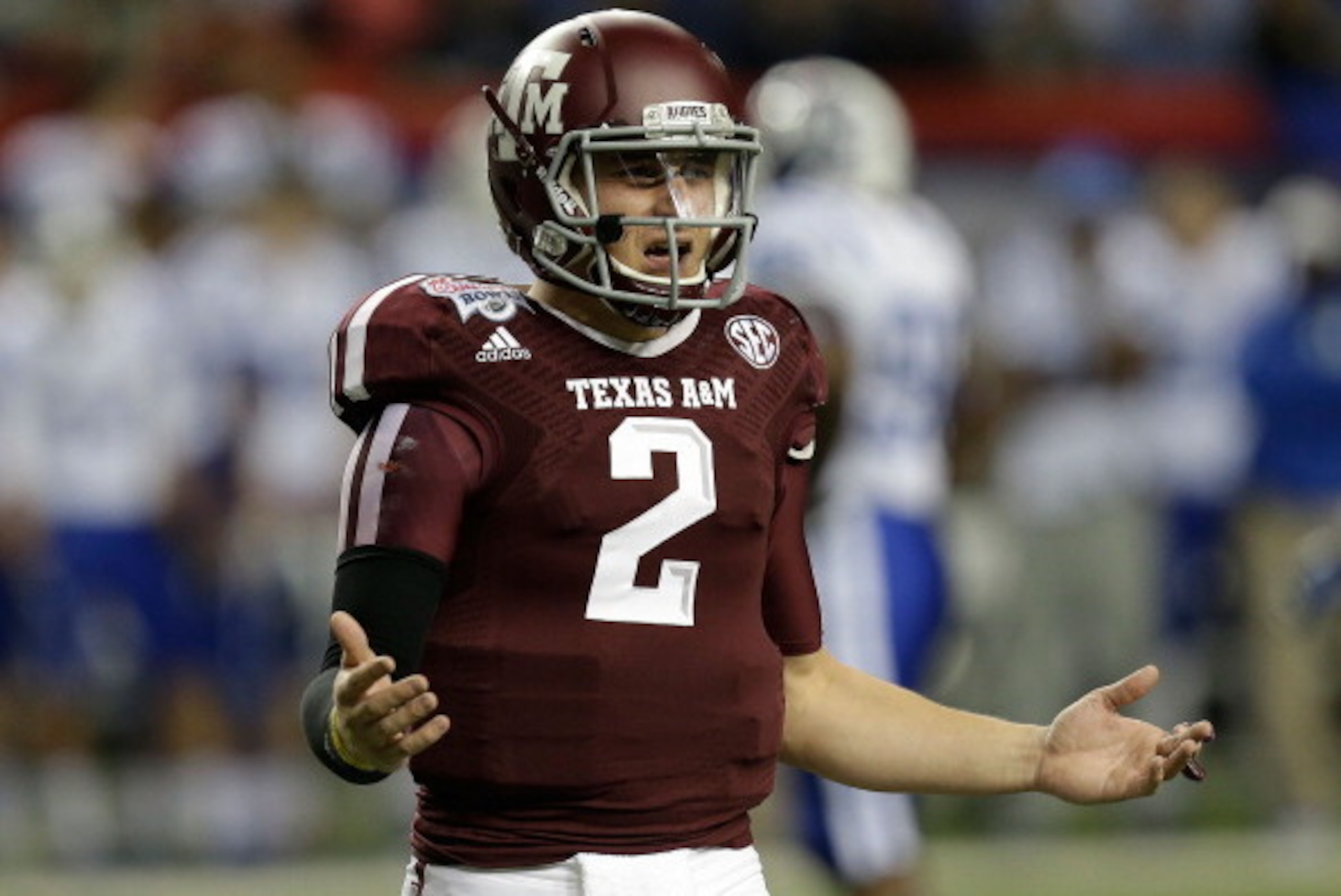 ATLANTA, GA - DECEMBER 31:  Quarterback Johnny Manziel #2 of the Texas A&M Aggies argues a call during the the Chick-fil-A Bowl game against the Duke Blue Devils at the Georgia Dome on December 31, 2013 in Atlanta, Georgia.  (Photo by Mike Zarrilli/Getty 