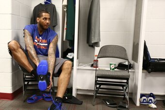 MIAMI, FL - APRIL 6: Carmelo Anthony #7 of the New York Knicks prepares before the game against the Miami Heat on April 6, 2014 at American Airlines Arena in Miami. NOTE TO USER: User expressly acknowledges and agrees that, by downloading and or using thi