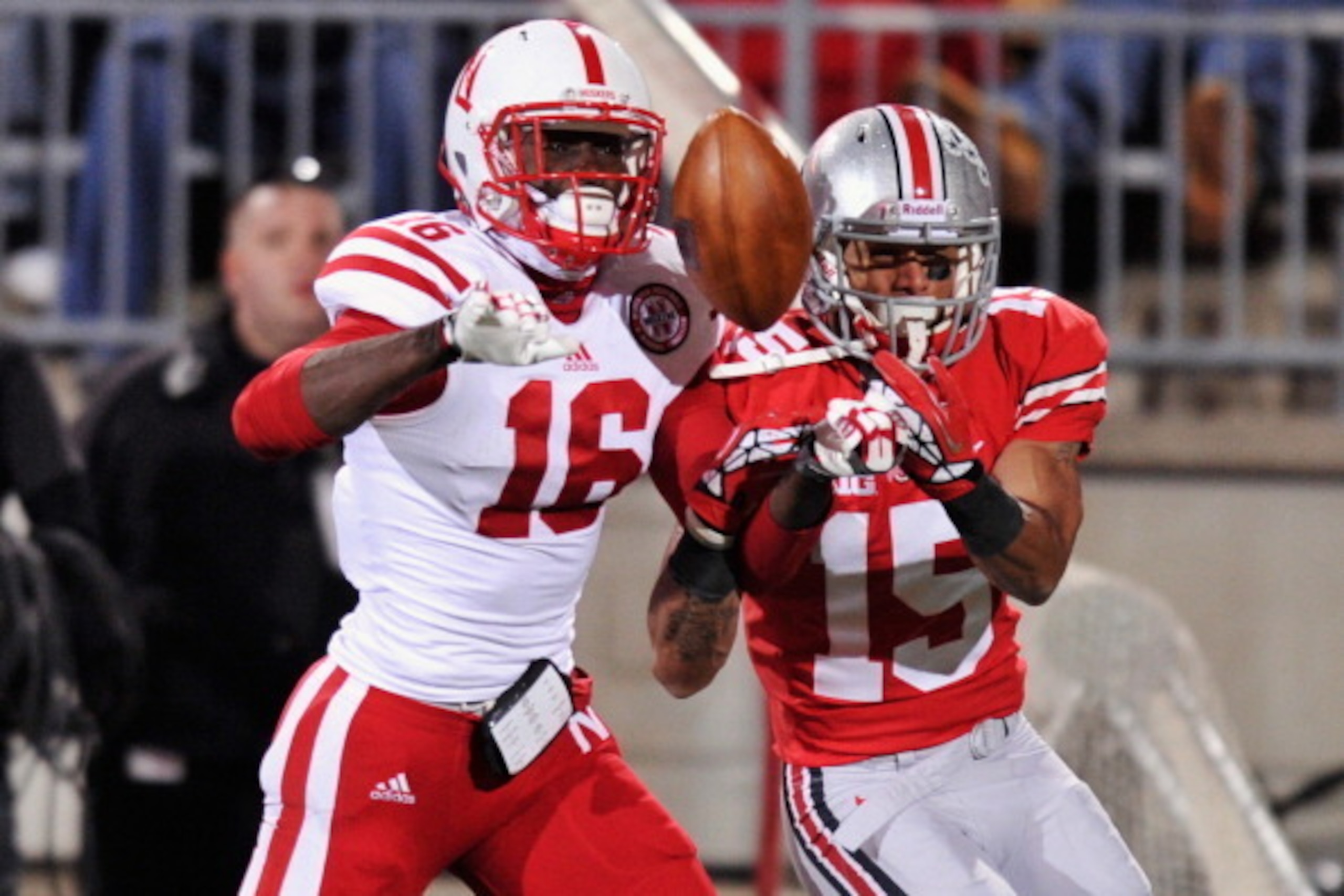 COLUMBUS, OH - OCTOBER 6:  Stanley Jean-Baptiste #16 of the Nebraska Cornhuskers breaks up a pass intended for Devin Smith #15 of the Ohio State Buckeyes in the second half at Ohio Stadium on October 6, 2012 in Columbus, Ohio. Ohio State defeated Nebraska