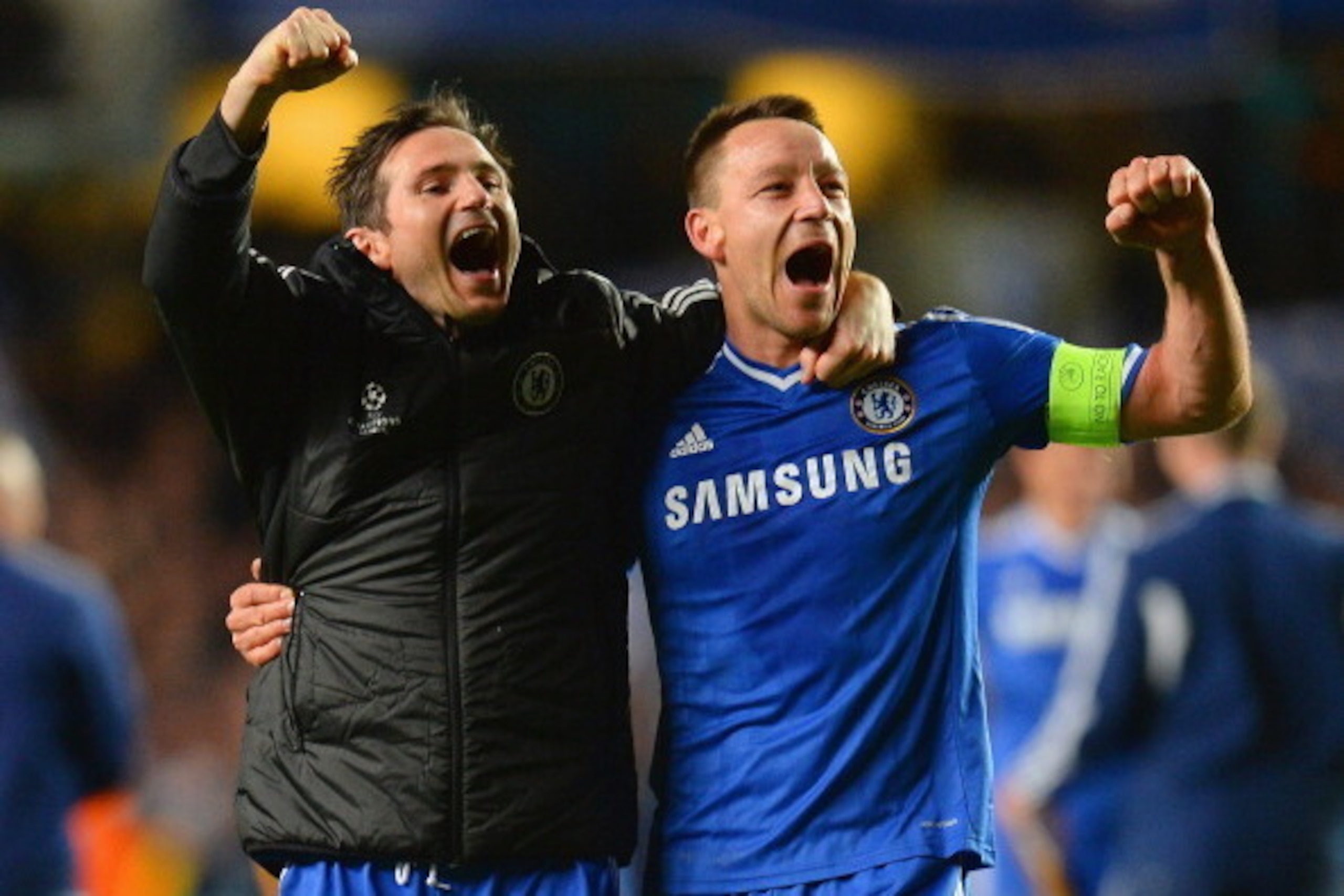 LONDON, ENGLAND - APRIL 08: Frank Lampard and John Terry of Chelsea celebrate victory during the UEFA Champions League Quarter Final second leg match between Chelsea and Paris Saint-Germain FC at Stamford Bridge on April 8, 2014 in London, England.  (Phot