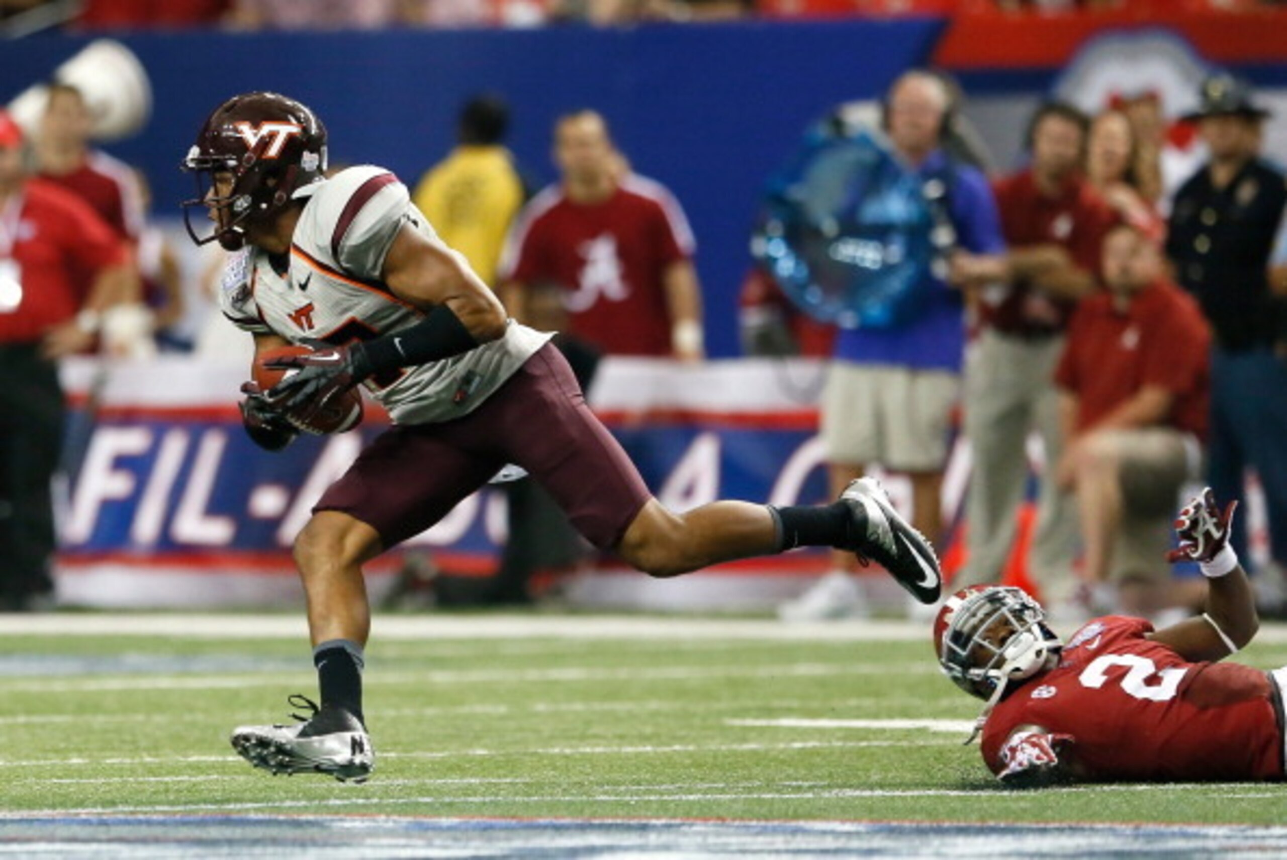 ATLANTA, GA - AUGUST 31:  Kyle Fuller #17 of the Virginia Tech Hokies intercepts a pass intended for DeAndrew White #2 of the Alabama Crimson Tide at Georgia Dome on August 31, 2013 in Atlanta, Georgia.  (Photo by Kevin C. Cox/Getty Images)