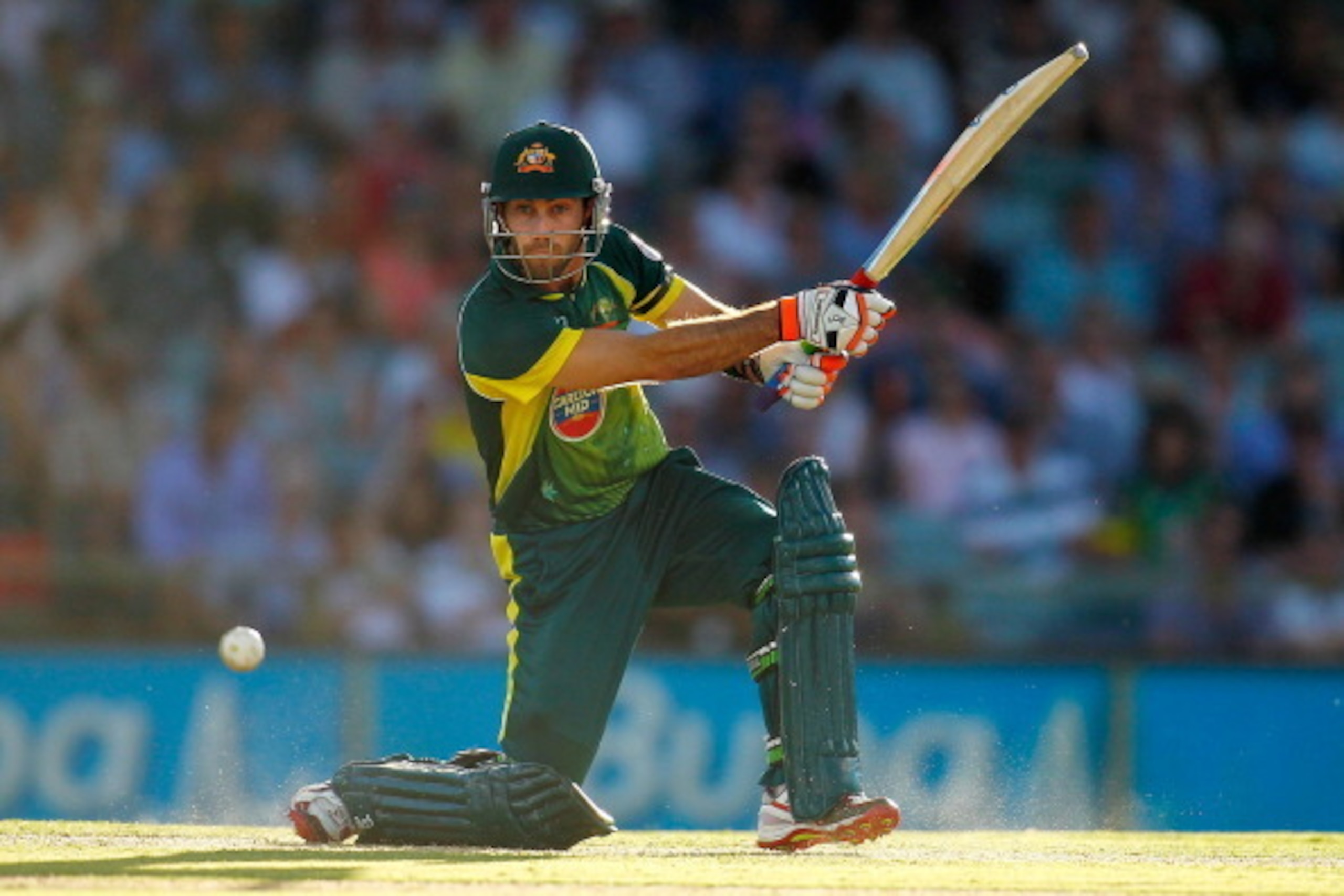 PERTH, AUSTRALIA - JANUARY 24: Glenn Maxwell of Australia bats during game four of the One Day International series between Australia and England  at WACA on January 24, 2014 in Perth, Australia.  (Photo by Will Russell/Getty Images)