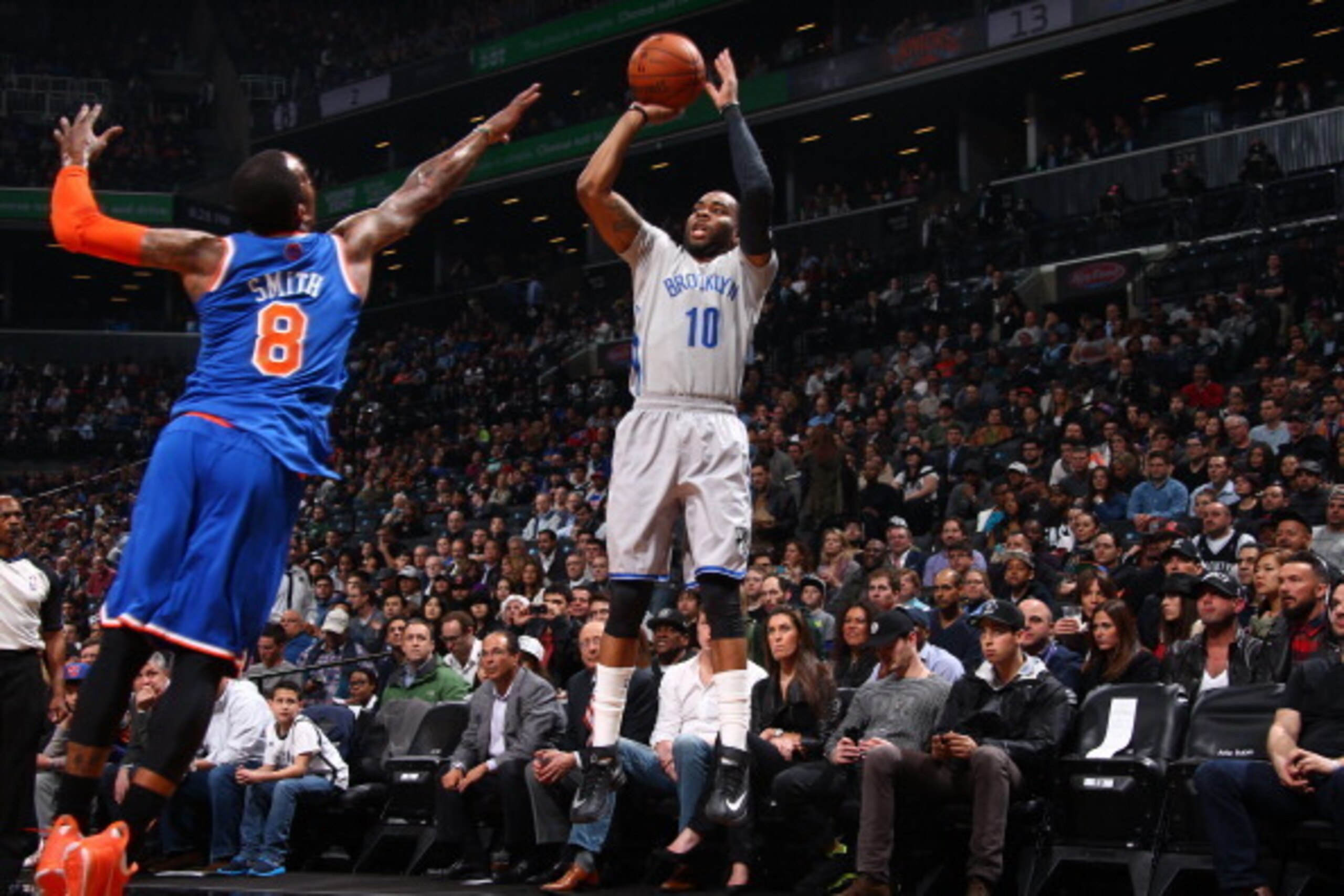 BROOKLYN, NY - APRIL 15: Marcus Thornton #10 of the Brooklyn Nets shoots the ball against the New York Knicks during a game at Barclays Center in Brooklyn. NOTE TO USER: User expressly acknowledges and agrees that, by downloading and or using this photogr