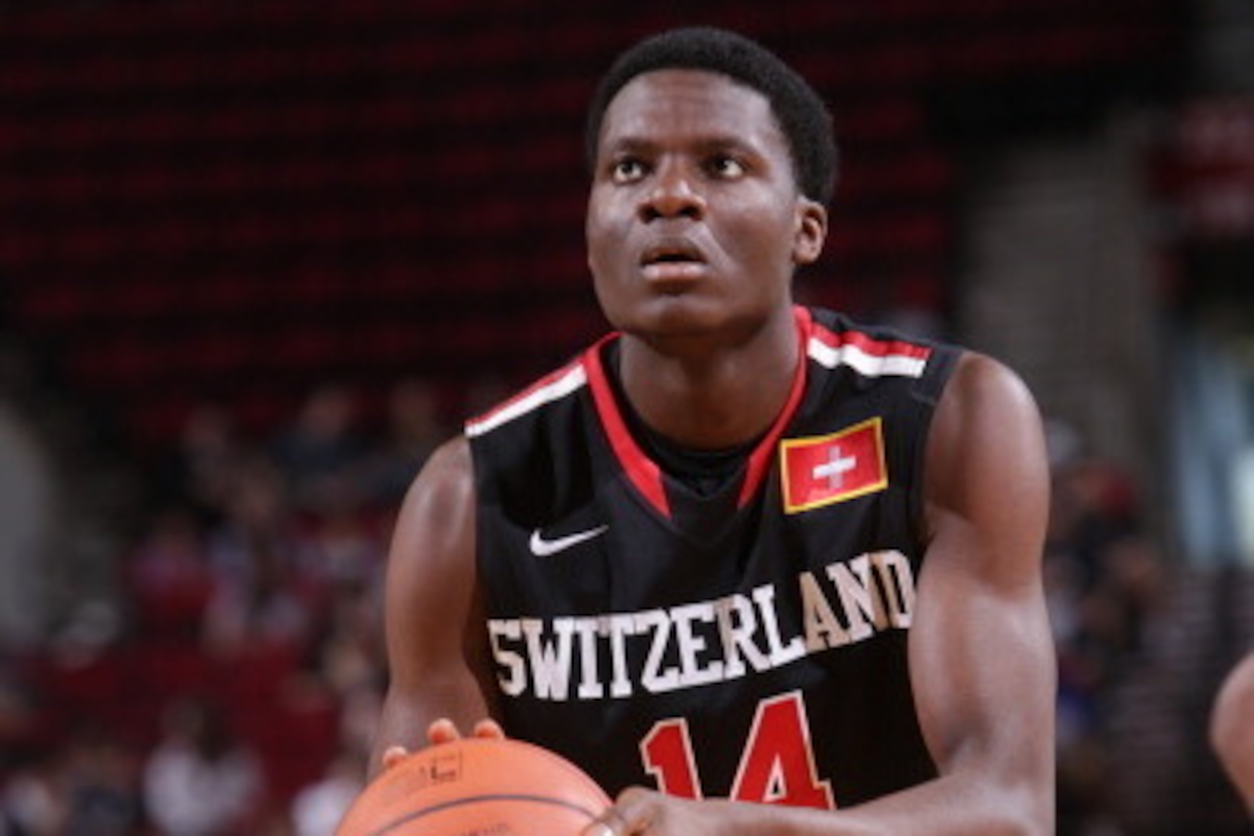 PORTLAND, OR - APRIL 12:  Clint Capela #14 of the World Team shoots the ball against the USA Team on April 12, 2014 at the Moda Center Arena in Portland, Oregon. NOTE TO USER: User expressly acknowledges and agrees that, by downloading and or using this p