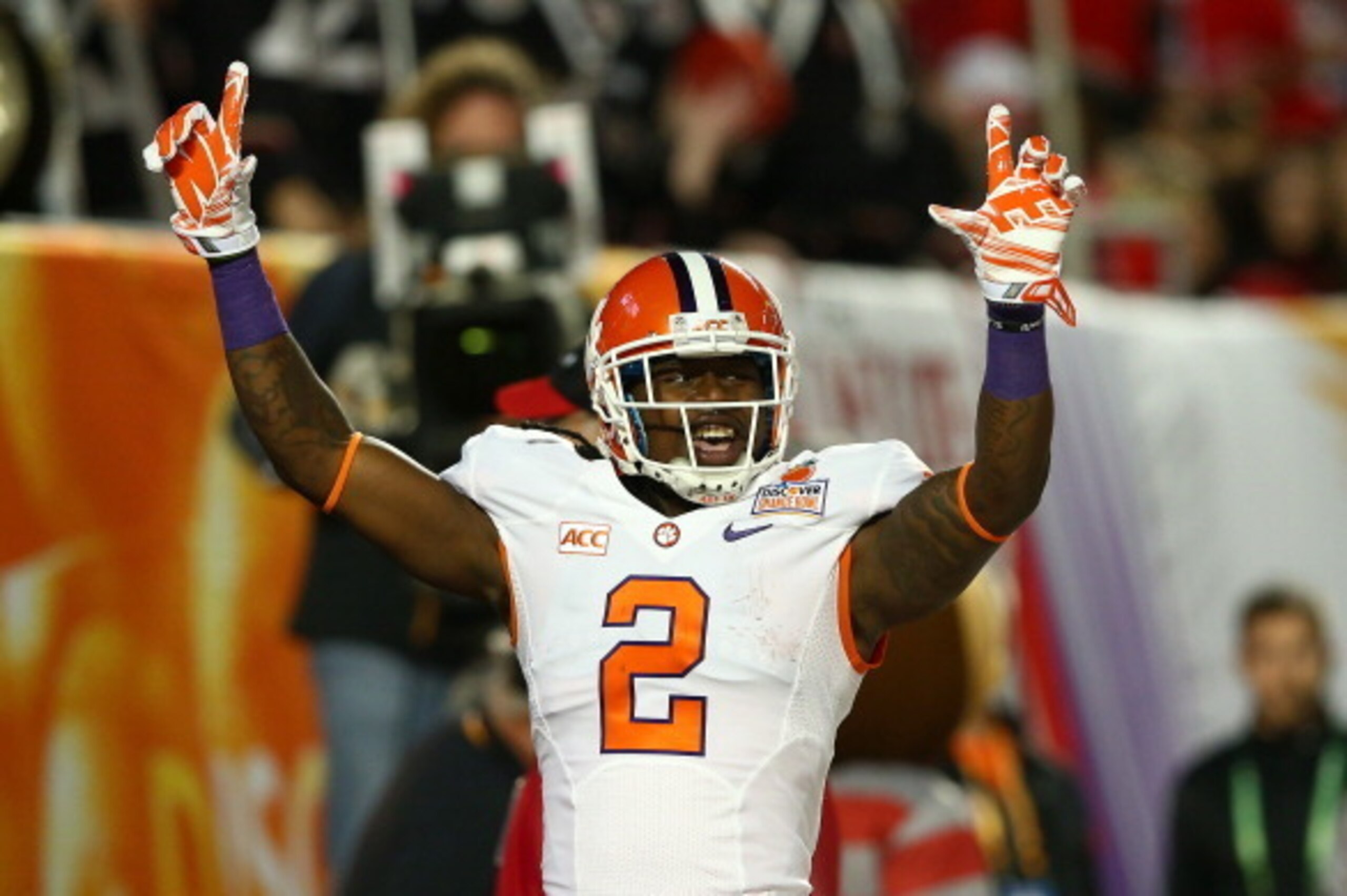 MIAMI GARDENS, FL - JANUARY 03:  Sammy Watkins #2 of the Clemson Tigers celebrates a touchdown in the first quarter against the Ohio State Buckeyes during the Discover Orange Bowl at Sun Life Stadium on January 3, 2014 in Miami Gardens, Florida.  (Photo b