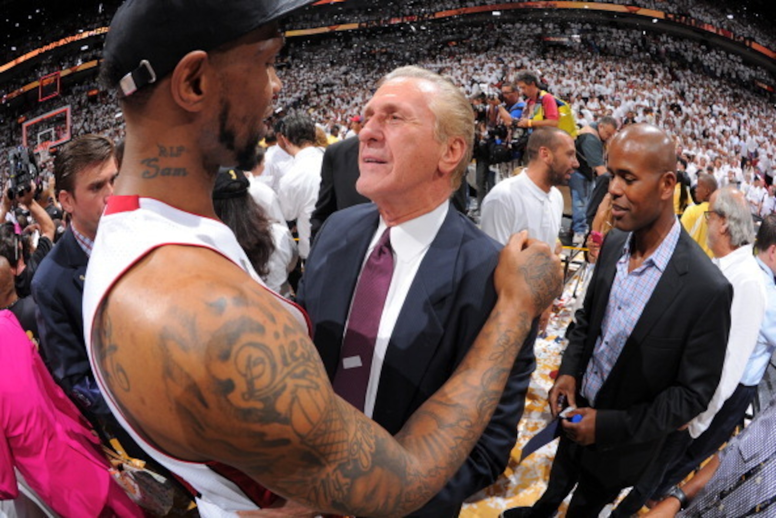 MIAMI, FL - JUNE 20: Pat Riley and LeBron James #6 of the Miami Heat celebrate after defeating the San Antonio Spurs in Game Seven of the 2013 NBA Finals on June 20, 2013 at the American Airlines Arena in Miami, Florida. NOTE TO USER: User expressly ackno MIAMI, FL - JUNE 20: Pat Riley and LeBron James #6 of the Miami Heat celebrate after defeating the San Antonio Spurs in Game Seven of the 2013 NBA Finals on June 20, 2013 at the American Airlines Arena in Miami, Florida. NOTE TO USER: User expressly ackno