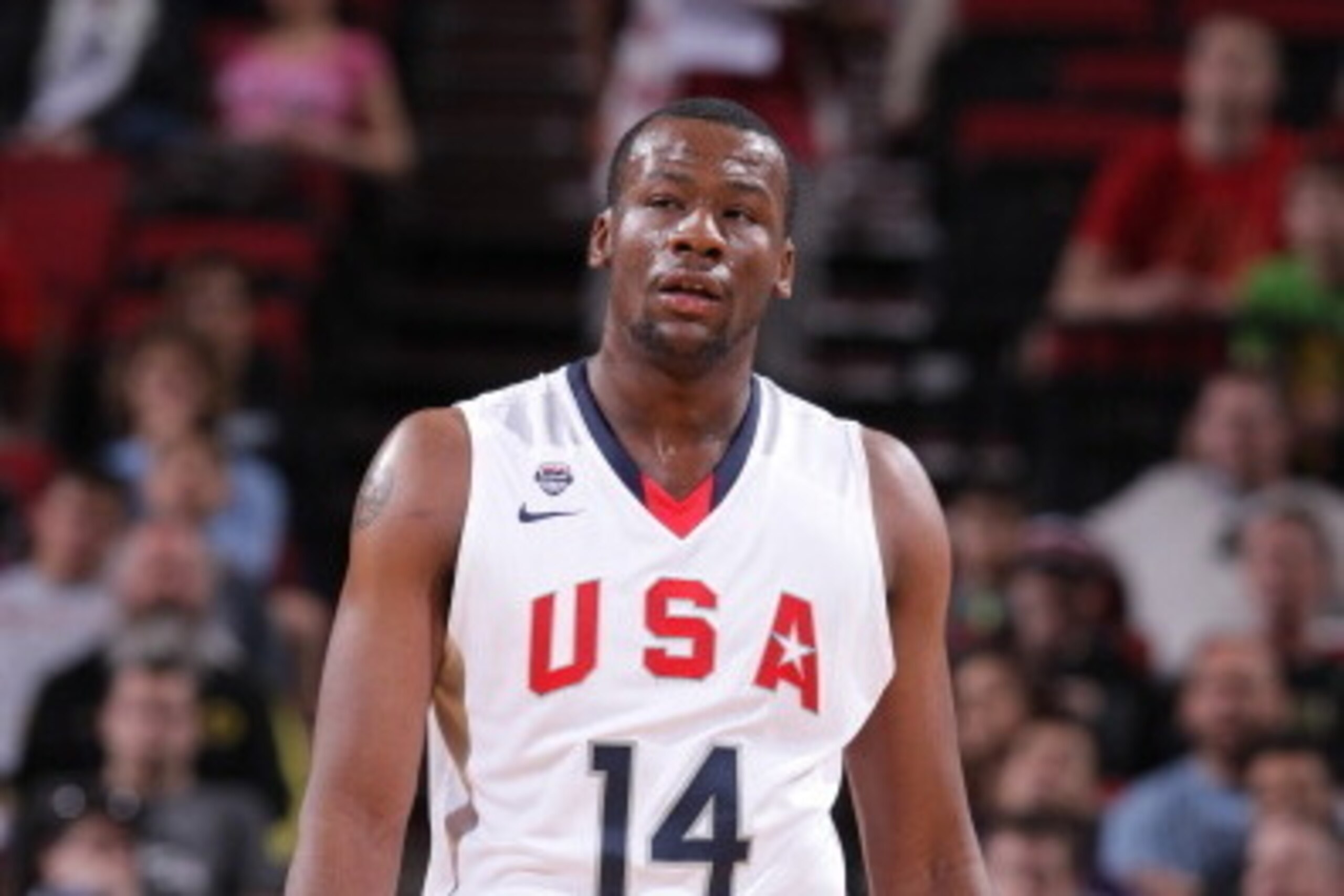 PORTLAND, OR - APRIL 12:  Cliff Alexander #14 of Team USA stands on the court during the game against World Team on April 12, 2014 at the Moda Center Arena in Portland, Oregon. NOTE TO USER: User expressly acknowledges and agrees that, by downloading and 