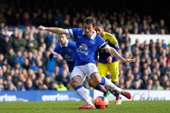LIVERPOOL, ENGLAND - FEBRUARY 16: Leighton Baines of Everton scores a goal from the penalty spot during the FA Cup Fifth Round match between Everton and Swansea City at Goodison Park on February 16, 2014 in Liverpool, England. (Photo by Paul Thomas/Getty 