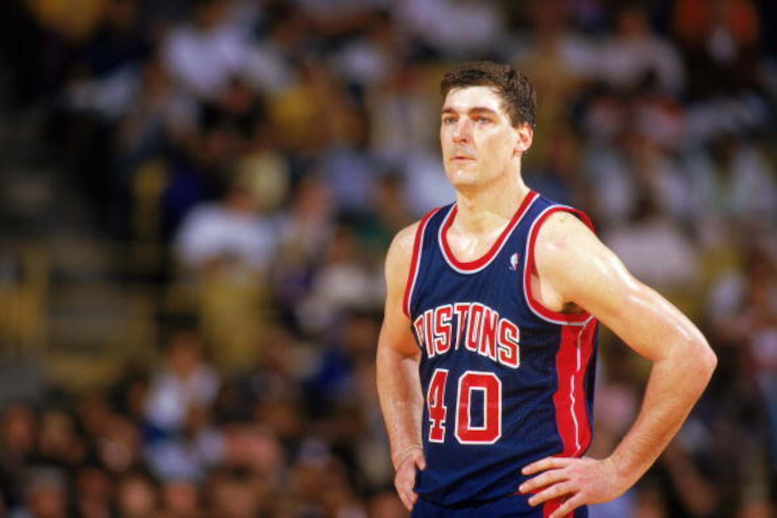 LOS ANGELES - 1987: Bill Laimbeer #40 of the Detroit Pistons looks on during a game against the Los Angeles Lakers at the Great Western Forum in Los Angeles, California in the 1987-1988 NBA season. (Photo by Rick Stewart/Getty Images) LOS ANGELES - 1987: Bill Laimbeer #40 of the Detroit Pistons looks on during a game against the Los Angeles Lakers at the Great Western Forum in Los Angeles, California in the 1987-1988 NBA season. (Photo by Rick Stewart/Getty Images)