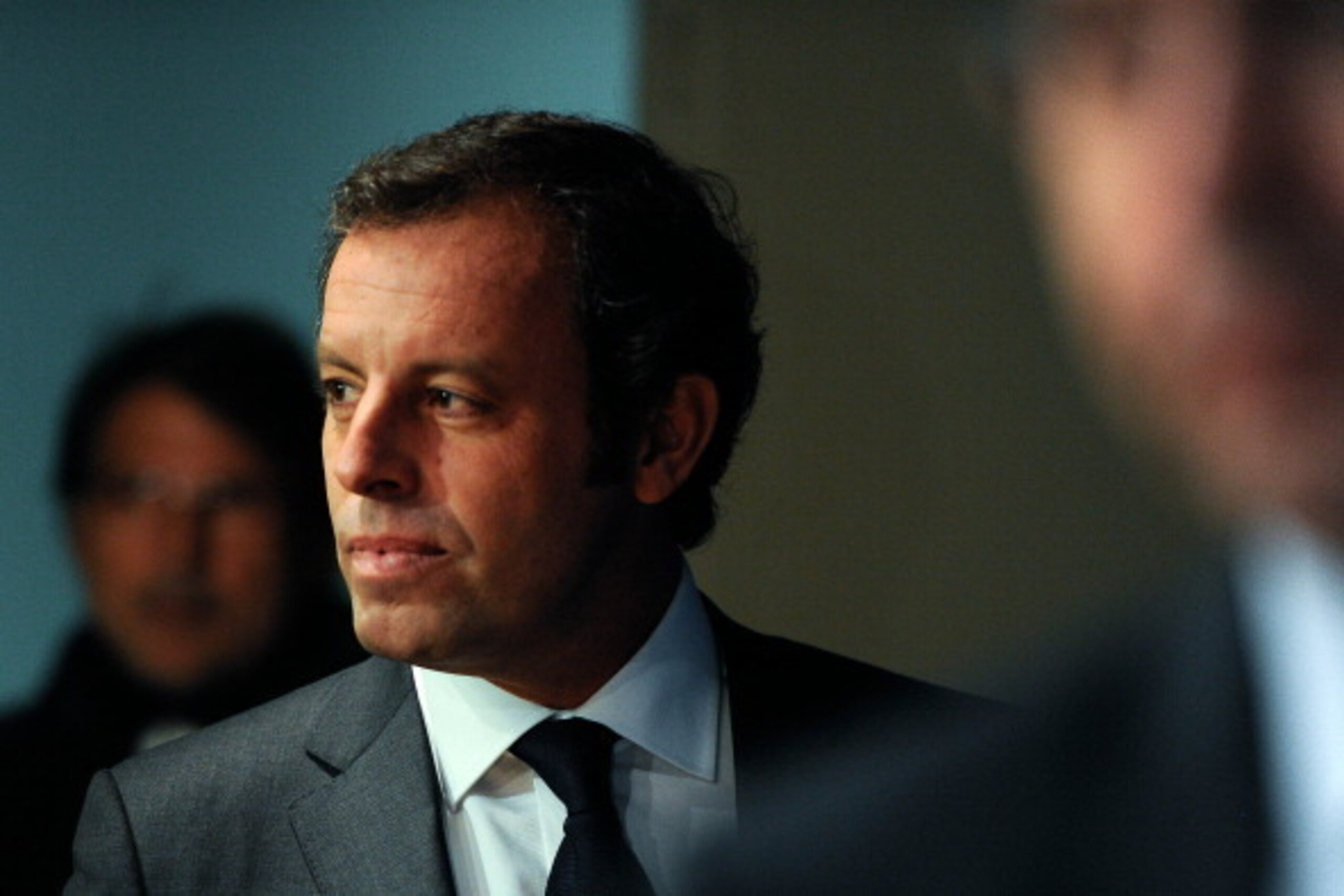 BARCELONA, SPAIN - JANUARY 23:  FCB President Sandro Rosell arrives to the press conference announcing his resgination as FCB president on January 23, 2014 in Barcelona, Spain. FCB President Sandro Rosell is under investigation by a Spanish high court for