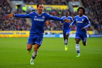 HULL, ENGLAND - JANUARY 11:  Eden Hazard of Chelsea celebrates scoring their first goal during the Barclays Premier League match between Hull City and Chelsea at KC Stadium on January 11, 2014 in Hull, England.  (Photo by Laurence Griffiths/Getty Images)