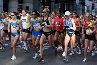BOSTON - APRIL 20:  The runners take off at the starting line of the U.S. Women's Olympic Marathon Trials on April 20, 2008 in Boston, Massachusetts.  (Photo by Elsa/Getty Images)
