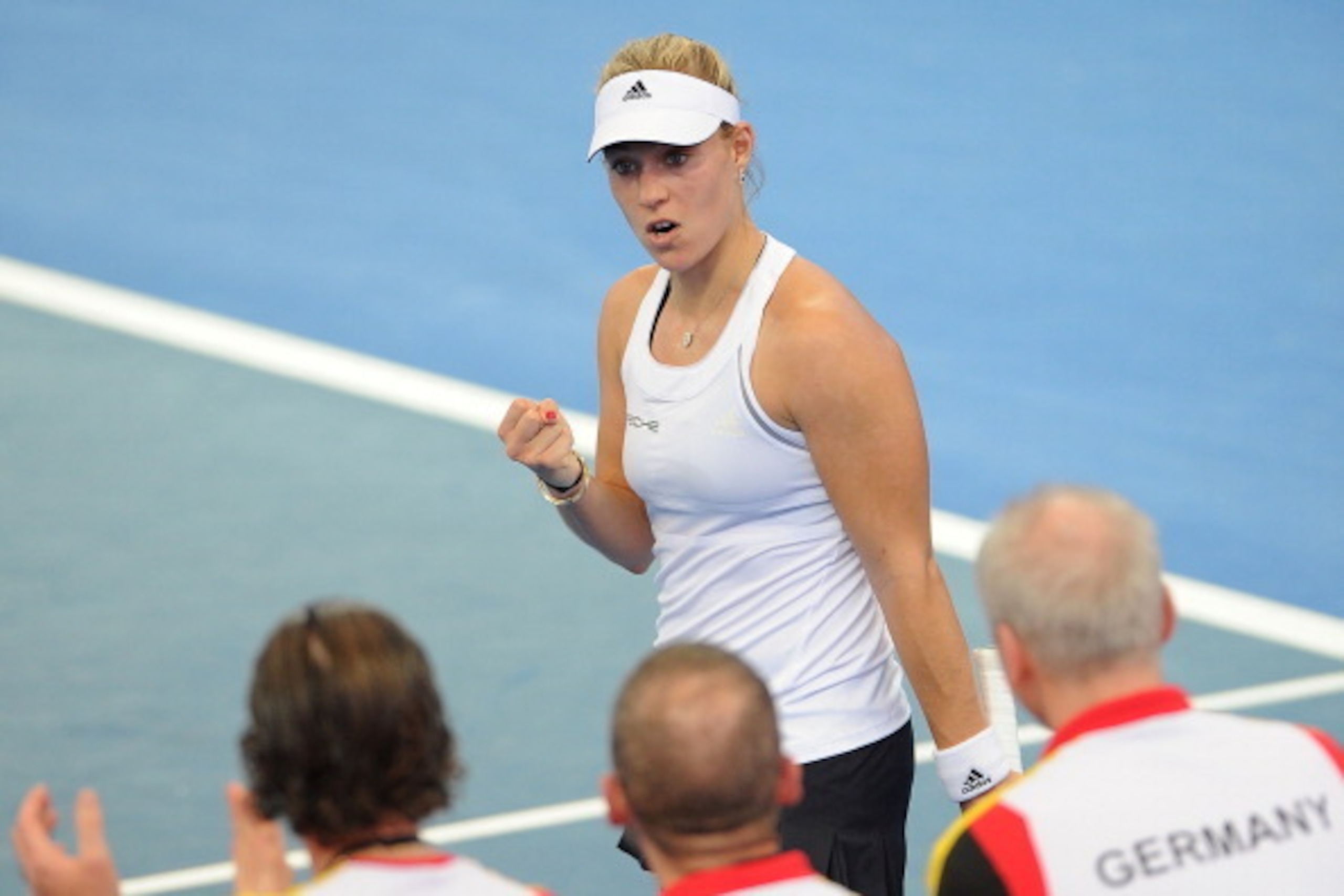 BRISBANE, AUSTRALIA - APRIL 19:  Angelique Kerber of Germany reacts in her match against Casey Dellacqua of Australia during the Fed Cup Semi Final tie between Australia and Germany at Pat Rafter Arena on April 19, 2014 in Brisbane, Australia.  (Photo by 