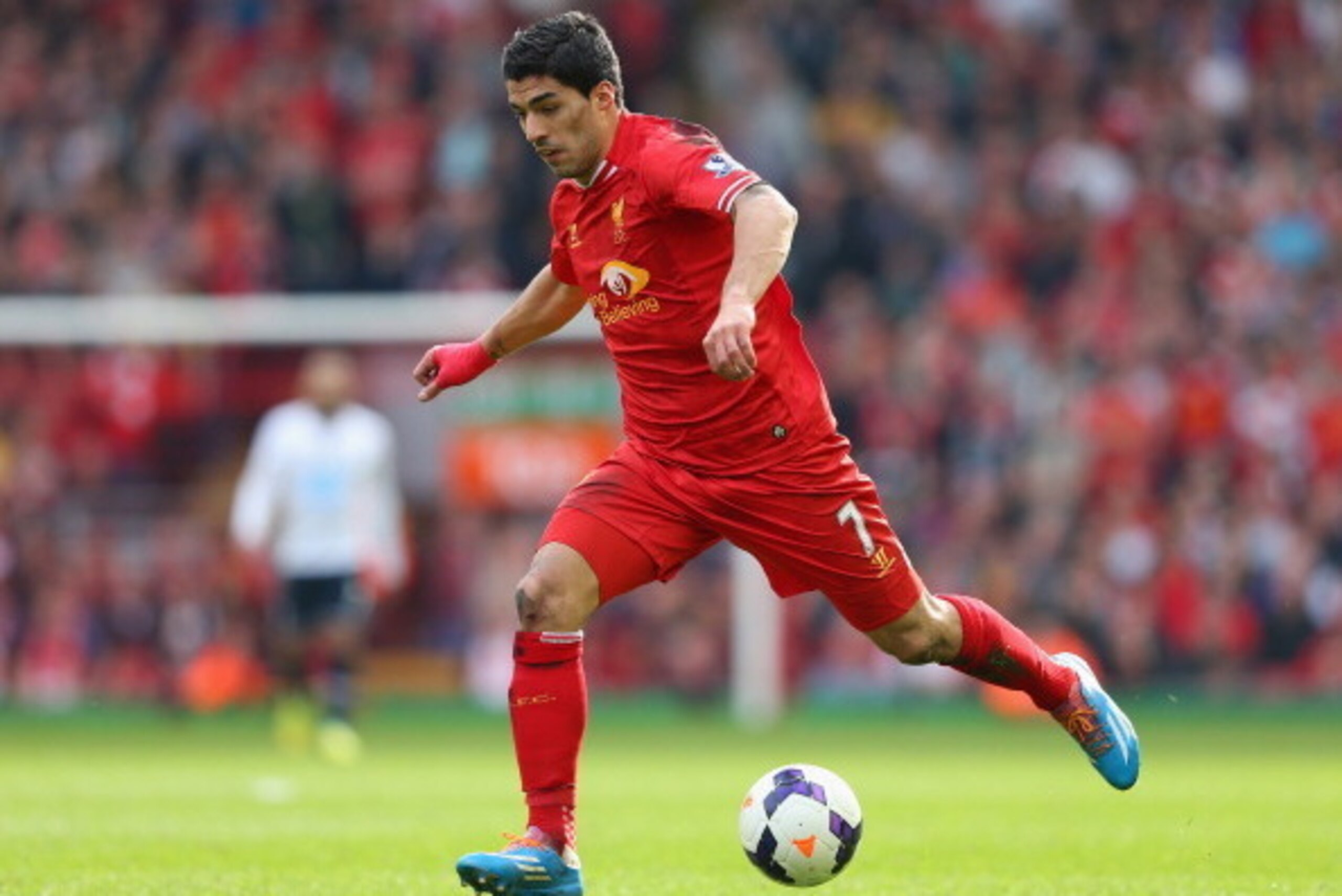 LIVERPOOL, ENGLAND - MARCH 30:  Luis Suarez of Liverpool in action during the Barclays Premier League match between Liverpool and Tottenham Hotspur at Anfield on March 30, 2014 in Liverpool, England.  (Photo by Alex Livesey/Getty Images)