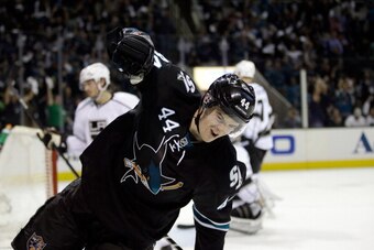 SAN JOSE, CA - APRIL 17: Marc-Edouard Vlasic #44 of the San Jose Sharks celebrates after he scored a goal in the second period against the Los Angeles Kings in Game One of the First Round of the 2014 NHL Stanley Cup Playoffs at SAP Center on April 17, 20 SAN JOSE, CA - APRIL 17: Marc-Edouard Vlasic #44 of the San Jose Sharks celebrates after he scored a goal in the second period against the Los Angeles Kings in Game One of the First Round of the 2014 NHL Stanley Cup Playoffs at SAP Center on April 17, 20