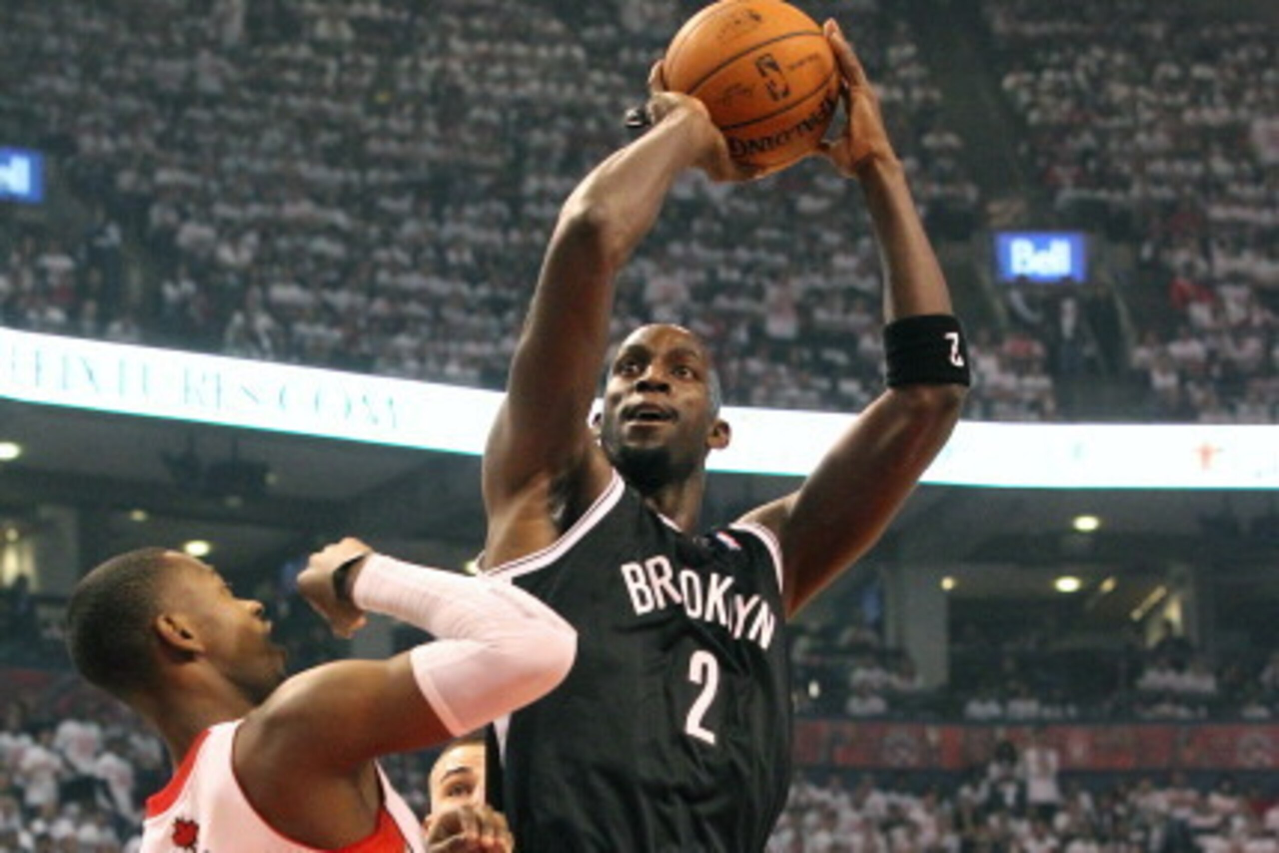 TORONTO, CANADA - April 19: Kevin Garnett #2 of the Brooklyn Nets shoots against the Toronto Raptors during Game One of the Eastern Conference Quarterfinals of the 2014 NBA playoffs on April 19, 2014 at the Air Canada Centre in Toronto, Ontario, Canada.  