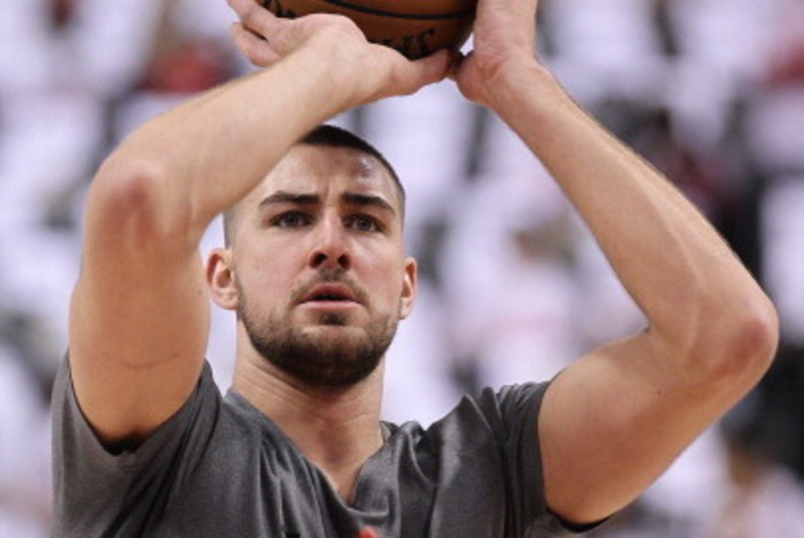 TORONTO, ON - APRIL 19:  Jonas Valanciunas #17 of the Toronto Raptors warms up prior to play against the Brooklyn Nets in Game One of the NBA Eastern Conference play-offs at the Air Canada Centre on April 19, 2014 in Toronto, Ontario, Canada