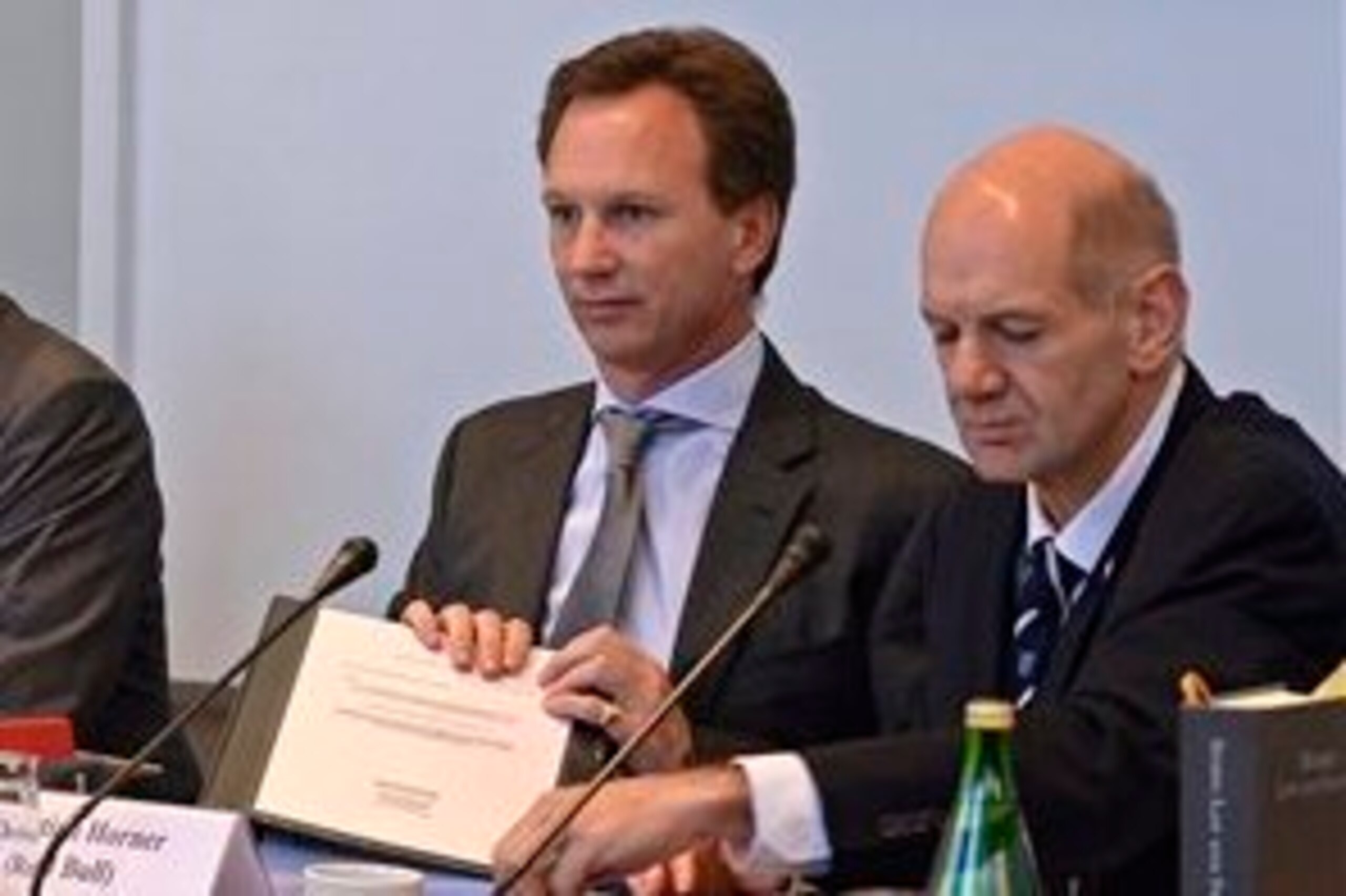 Red Bull's Christian Horner and Adrian Newey at the hearing.