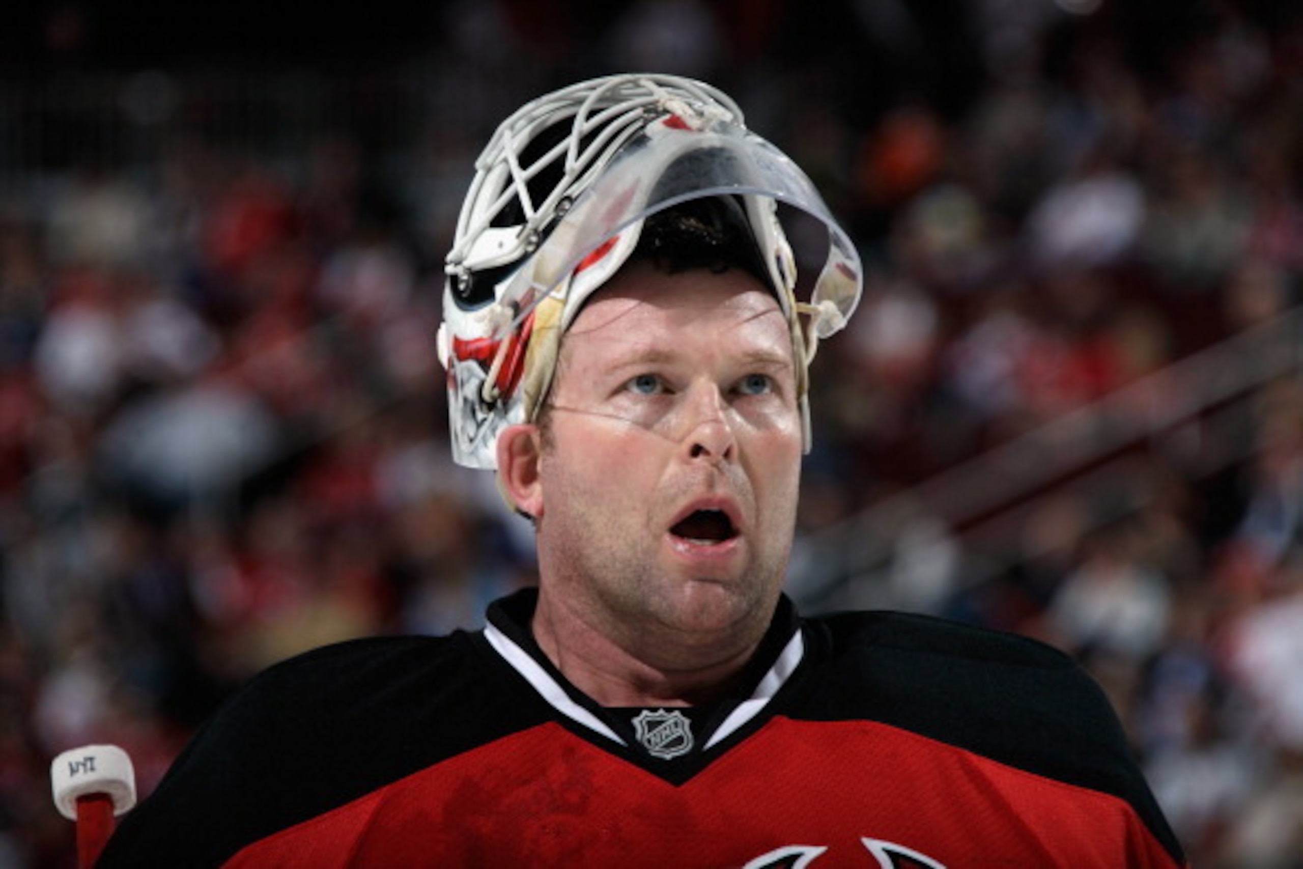 NEWARK, NJ - APRIL 11: Martin Brodeur #30 of the New Jersey Devils takes a break during the third period against the New York Islanders at the Prudential Center on April 11, 2014 in Newark, New Jersey.  The Islanders defeated the Devils 3-2 in the shootou