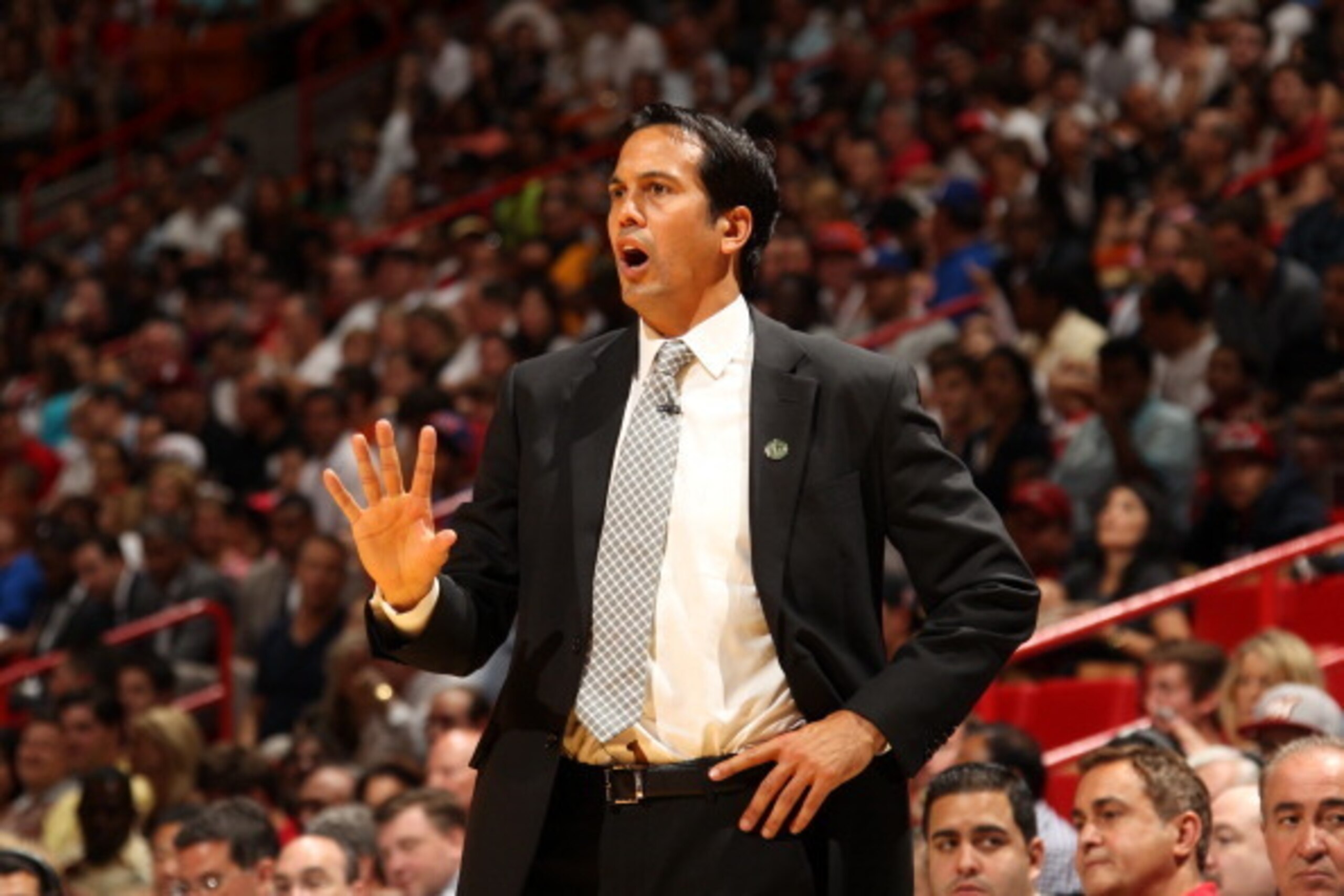 MIAMI, FL - April 6: Head coach Erik Spoelstra of the Miami Heat coaches during the game against the New York Knicks at the American Airlines Arena in Miami, Florida on April 6, 2014. NOTE TO USER: User expressly acknowledges and agrees that, by downloadi