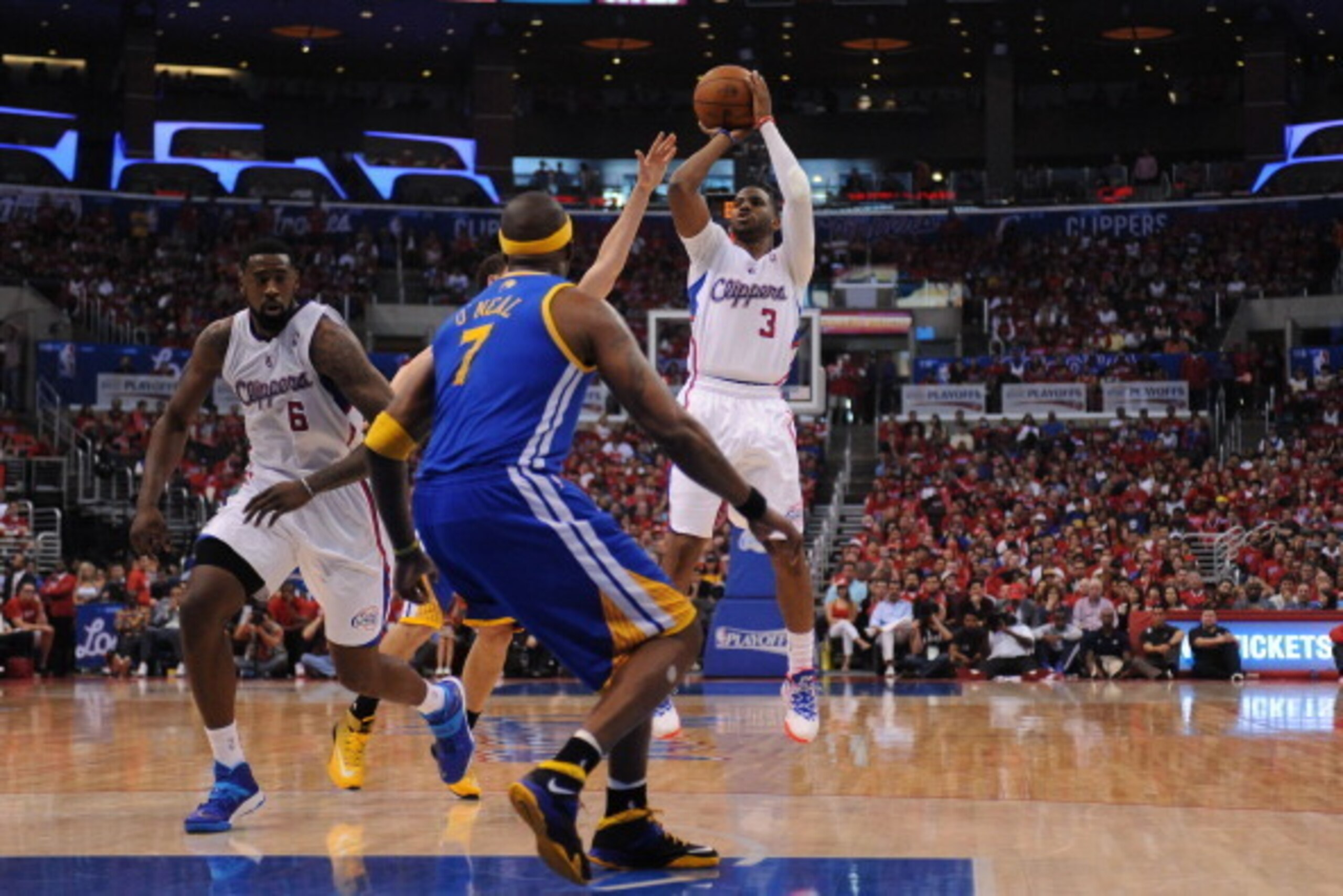 LOS ANGELES, CA - APRIL 19: Chris Paul #3 of the Los Angeles Clippers shoots during Game One of the Western Conference Quarterfinals of the NBA Playoffs against the Golden State Warriors at STAPLES Center on April 19, 2014 in Los Angeles, California. NOTE