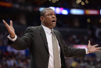 Apr 3, 2014; Los Angeles, CA, USA;   Los Angeles Clippers head coach Doc Rivers during the first half of the game against the Dallas Mavericks at Staples Center. Mandatory Credit: Jayne Kamin-Oncea-USA TODAY Sports